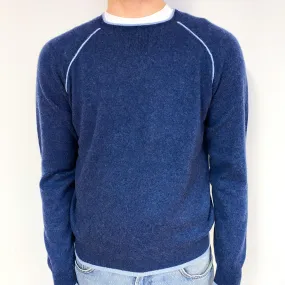 Men's Naval Blue Contrast Cashmere Crew Neck Jumper Large