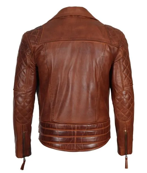 Men’s Quilted Cognac Waxed Leather Motorcycle Jacket
