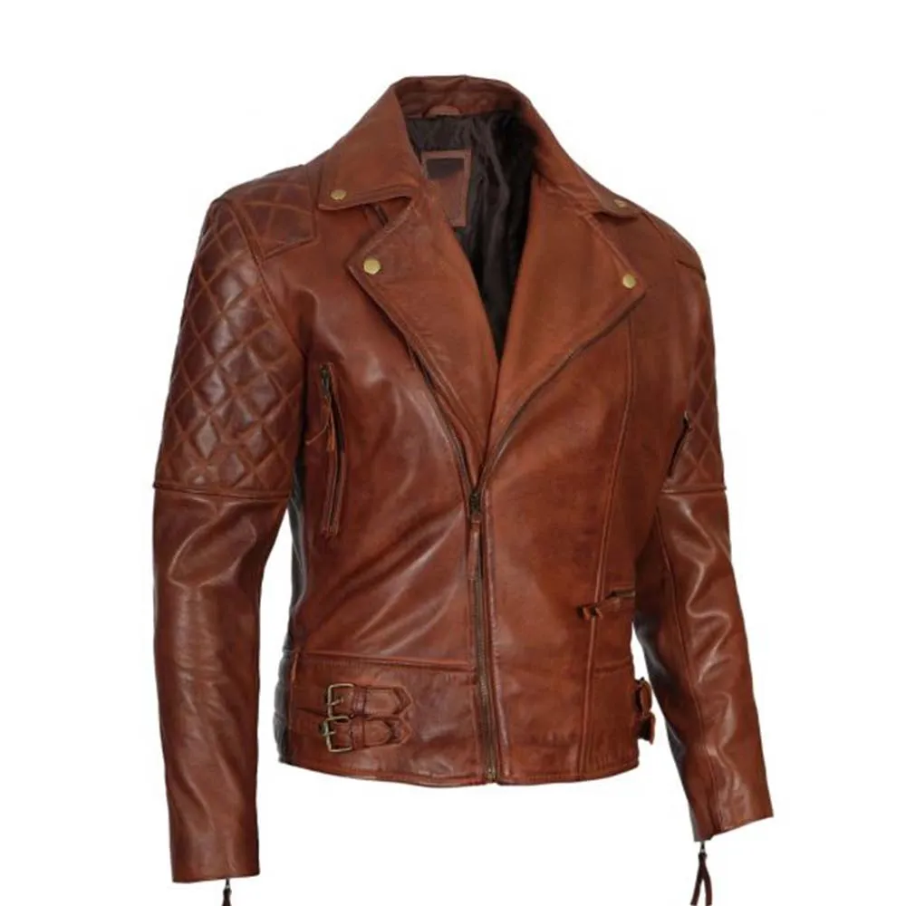 Men’s Quilted Cognac Waxed Leather Motorcycle Jacket