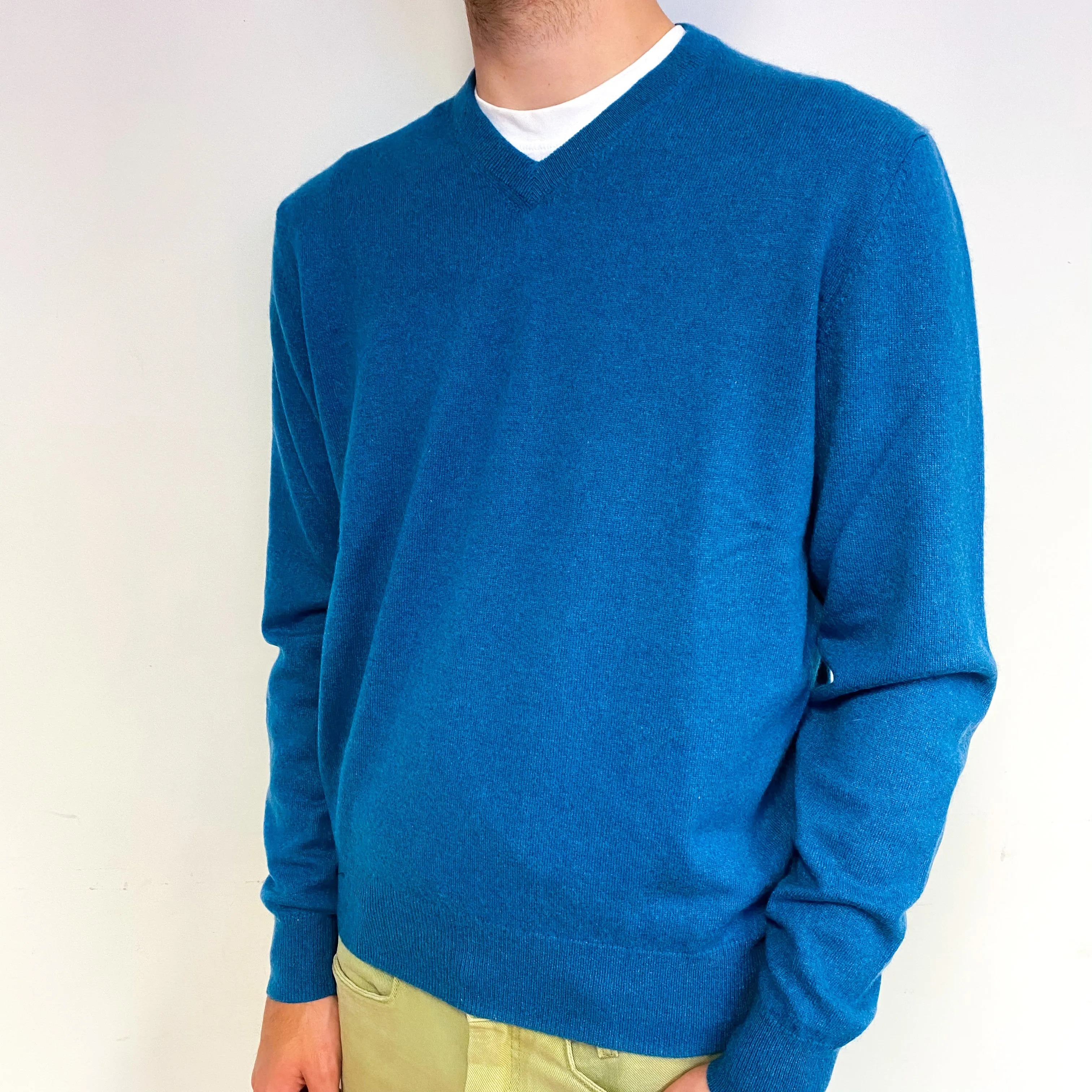 Men's Teal Blue Cashmere V-Neck Jumper Large