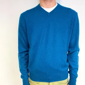 Men's Teal Blue Cashmere V-Neck Jumper Large