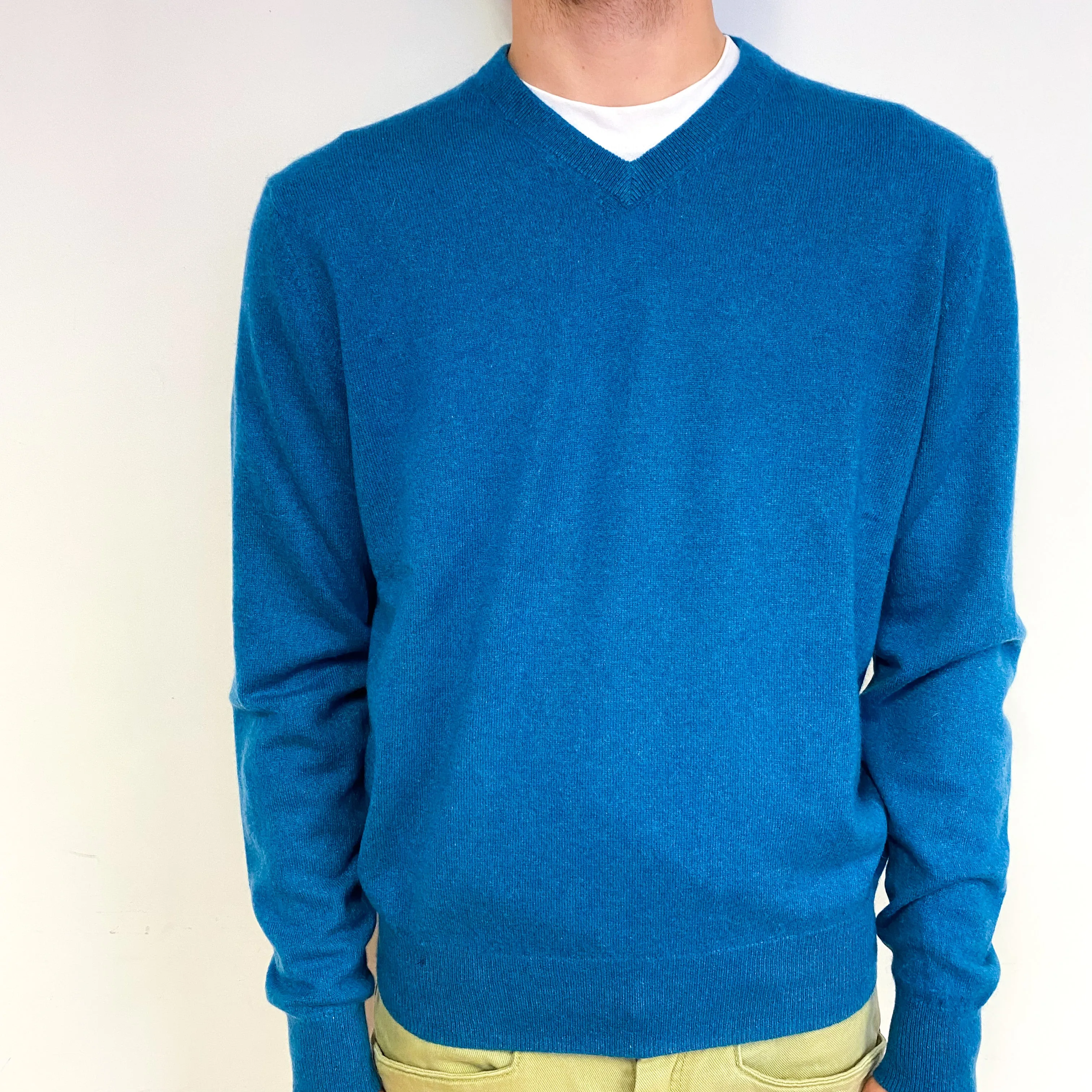 Men's Teal Blue Cashmere V-Neck Jumper Large