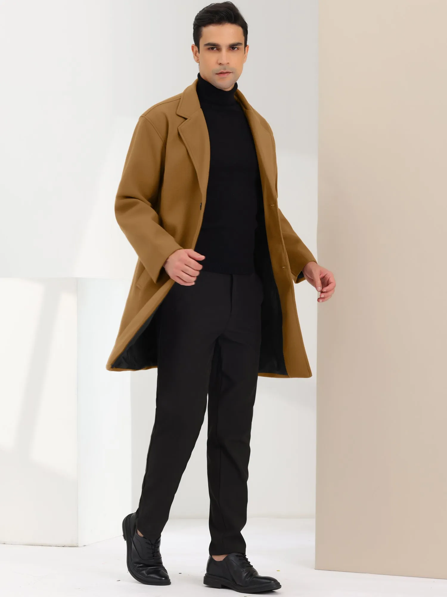 Men's Trench Two Buttons Notched Lapel Mid-Length Casual Solid Pea Coat