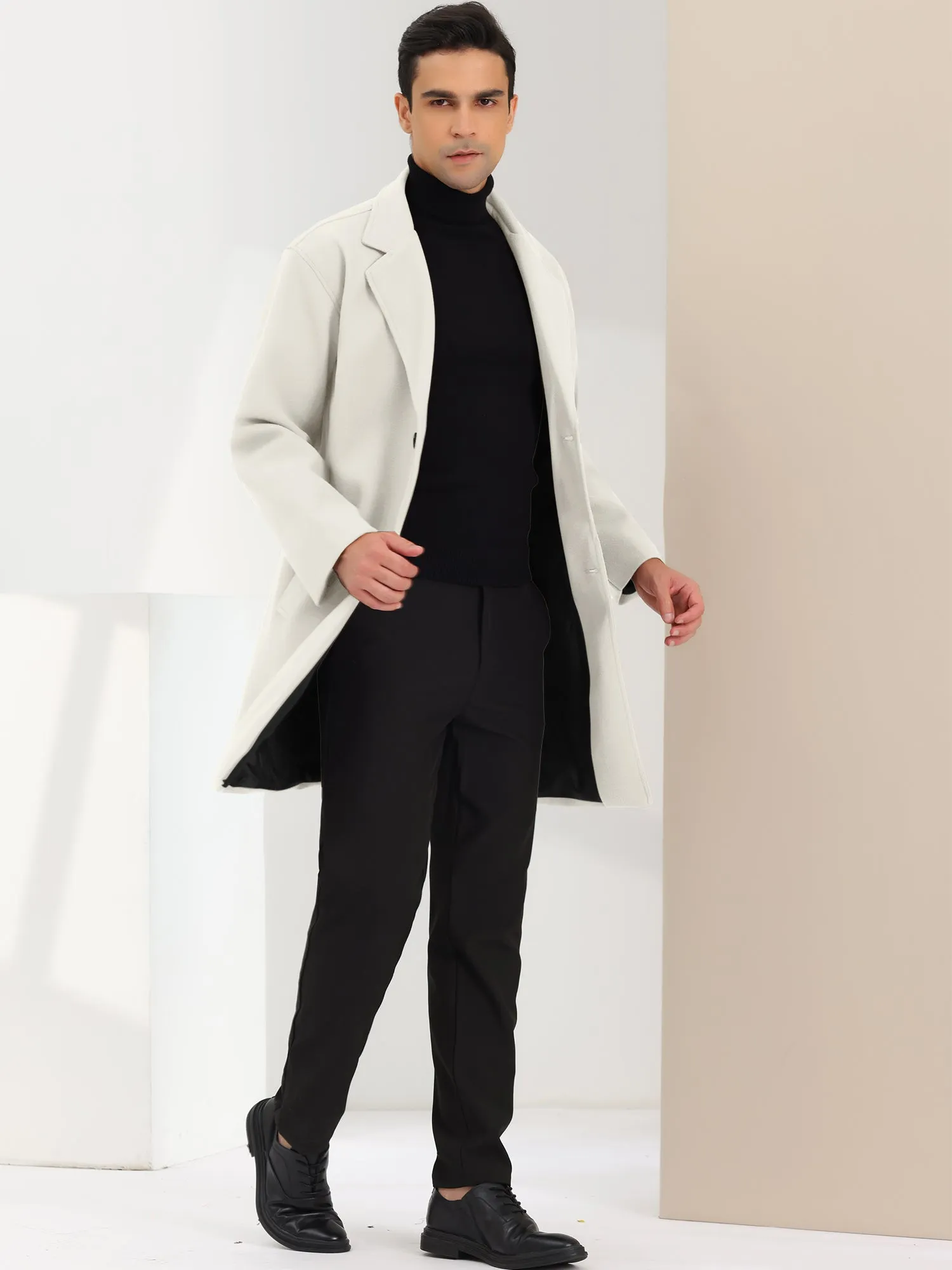 Men's Trench Two Buttons Notched Lapel Mid-Length Casual Solid Pea Coat