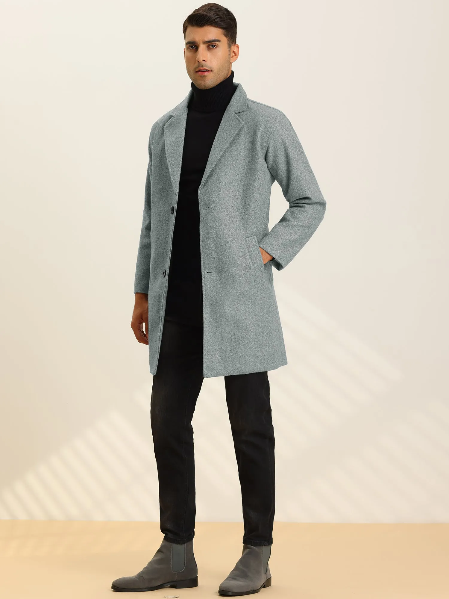 Men's Trench Two Buttons Notched Lapel Mid-Length Casual Solid Pea Coat
