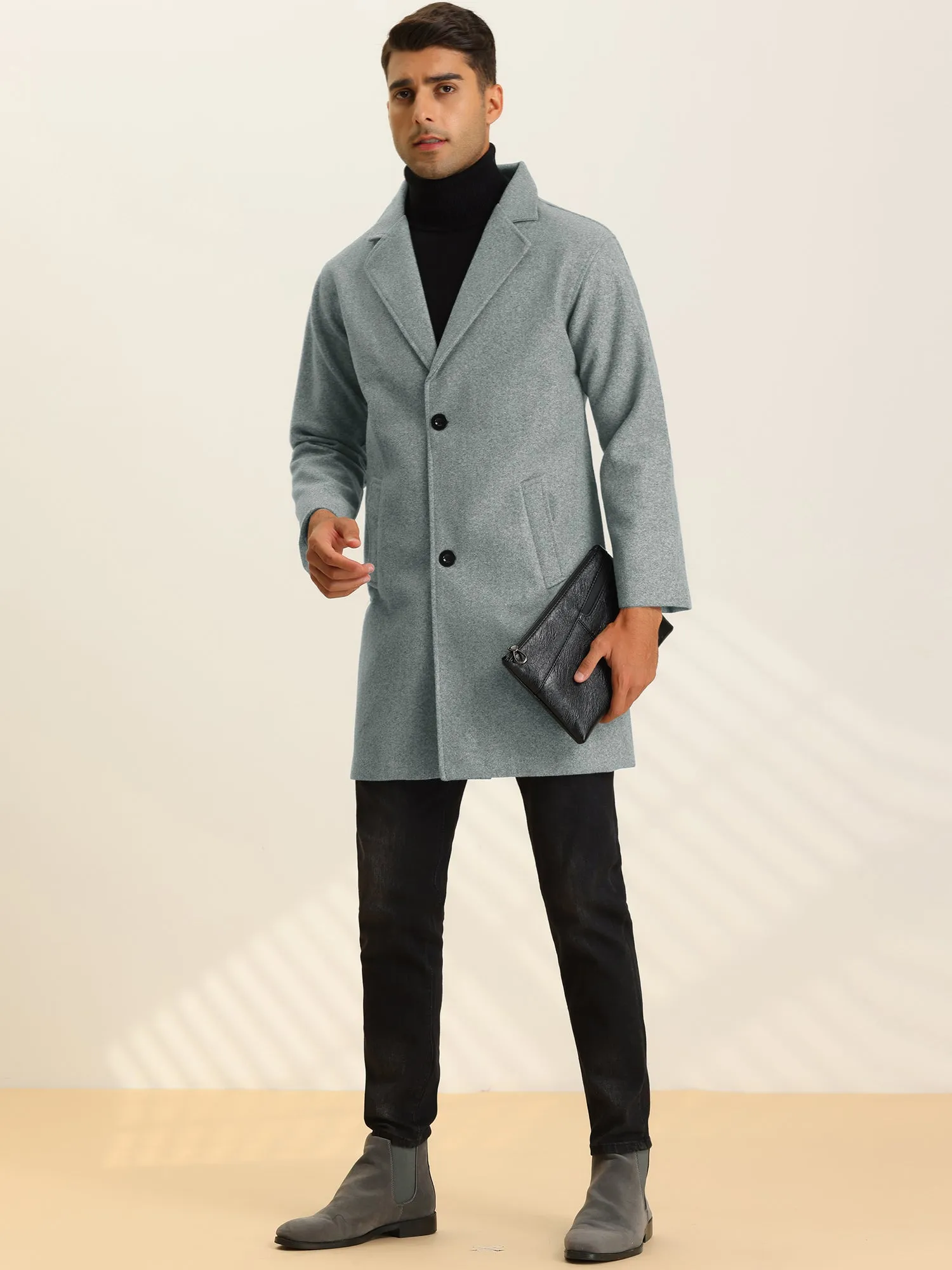 Men's Trench Two Buttons Notched Lapel Mid-Length Casual Solid Pea Coat
