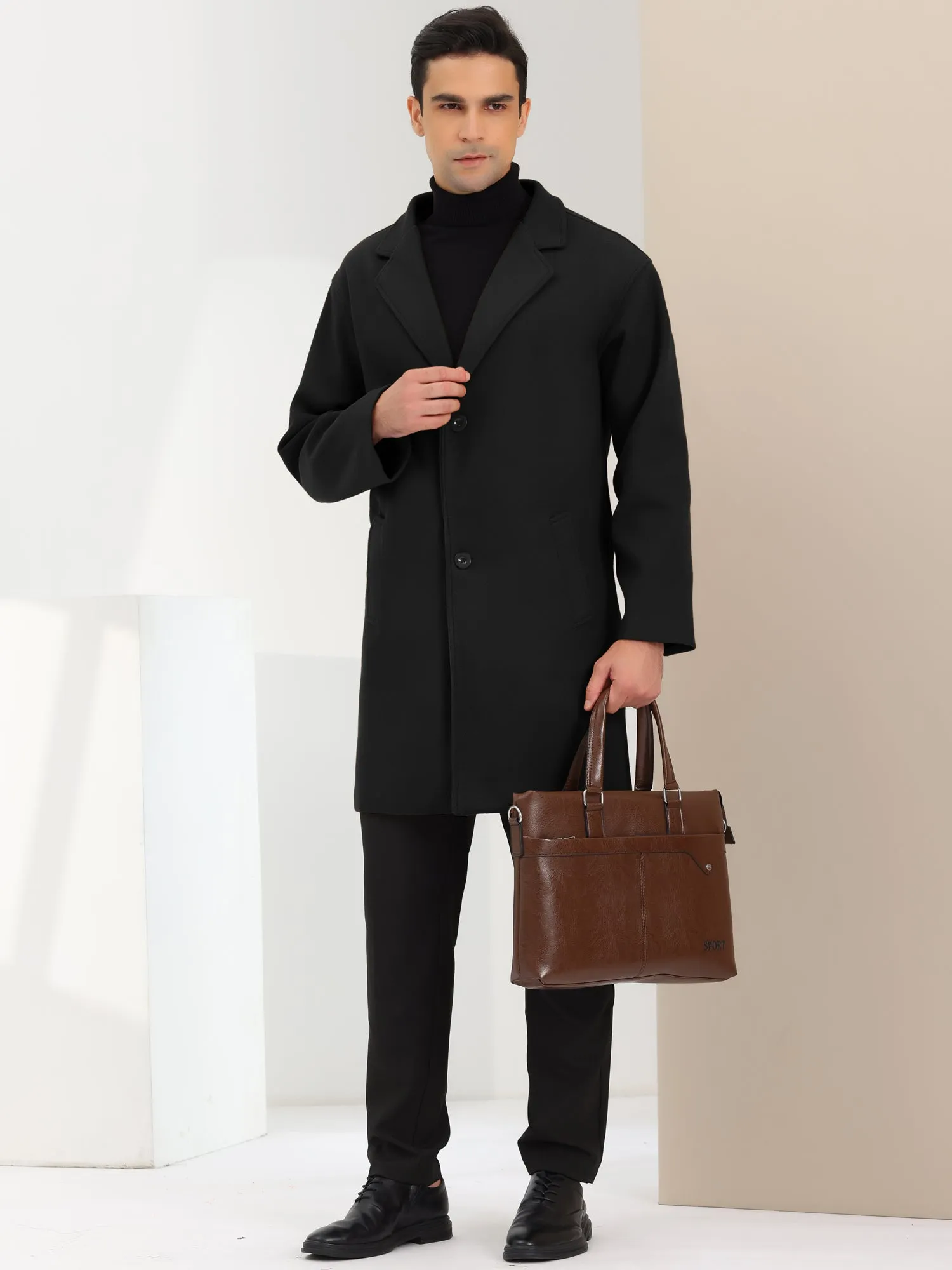 Men's Trench Two Buttons Notched Lapel Mid-Length Casual Solid Pea Coat