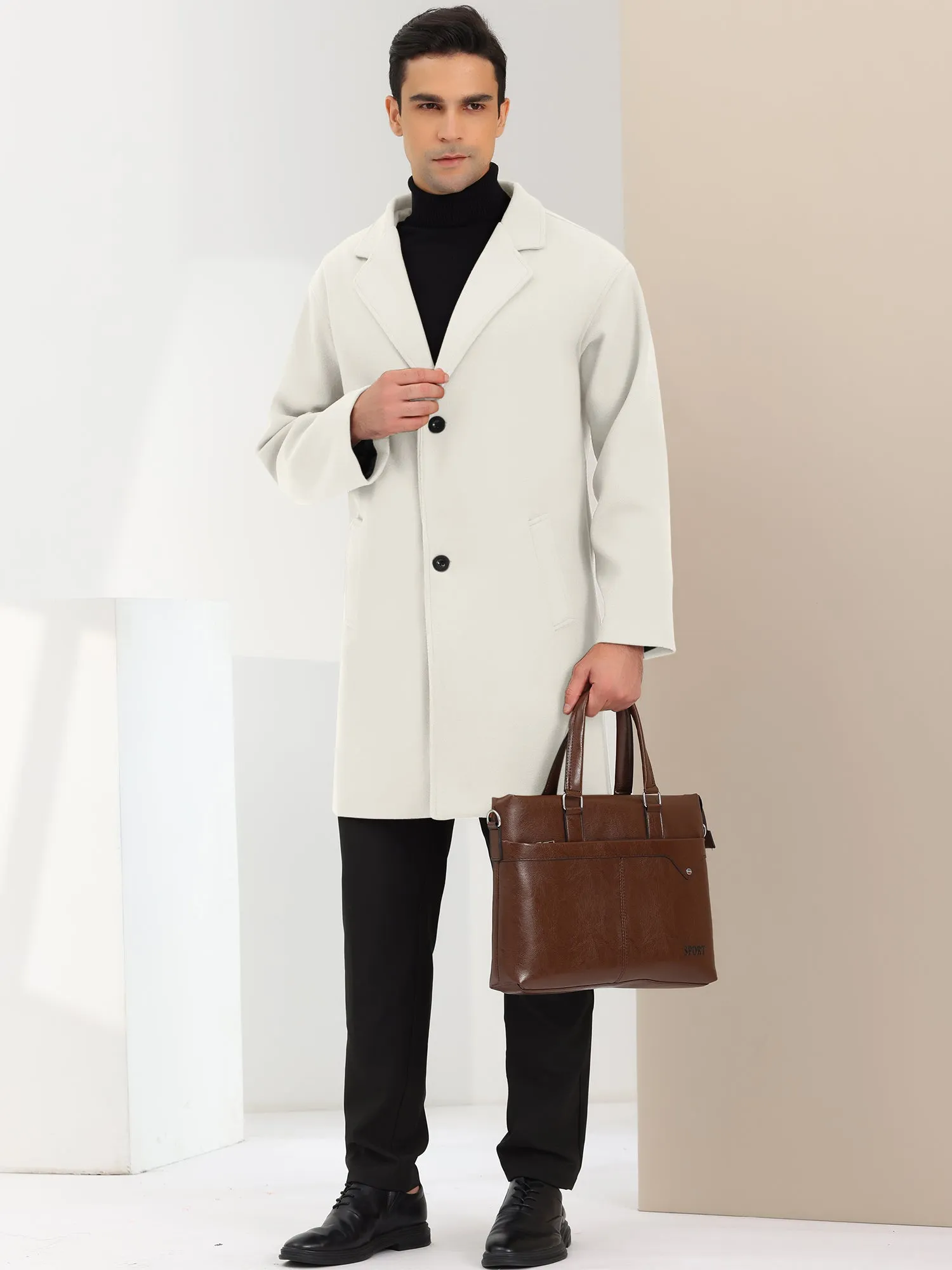 Men's Trench Two Buttons Notched Lapel Mid-Length Casual Solid Pea Coat