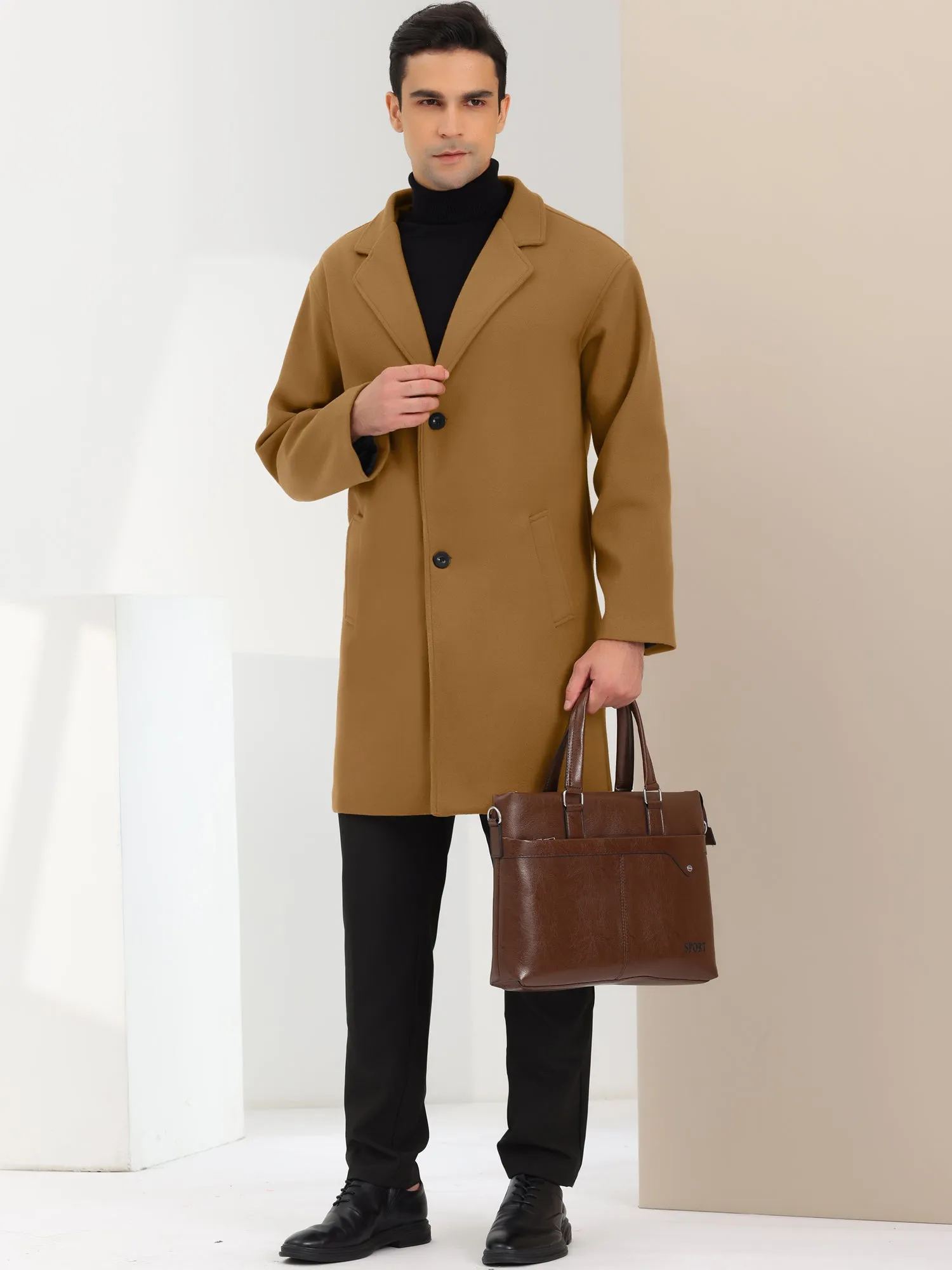 Men's Trench Two Buttons Notched Lapel Mid-Length Casual Solid Pea Coat