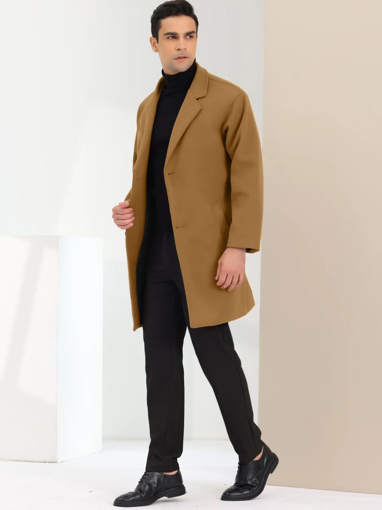 Men's Trench Two Buttons Notched Lapel Mid-Length Casual Solid Pea Coat