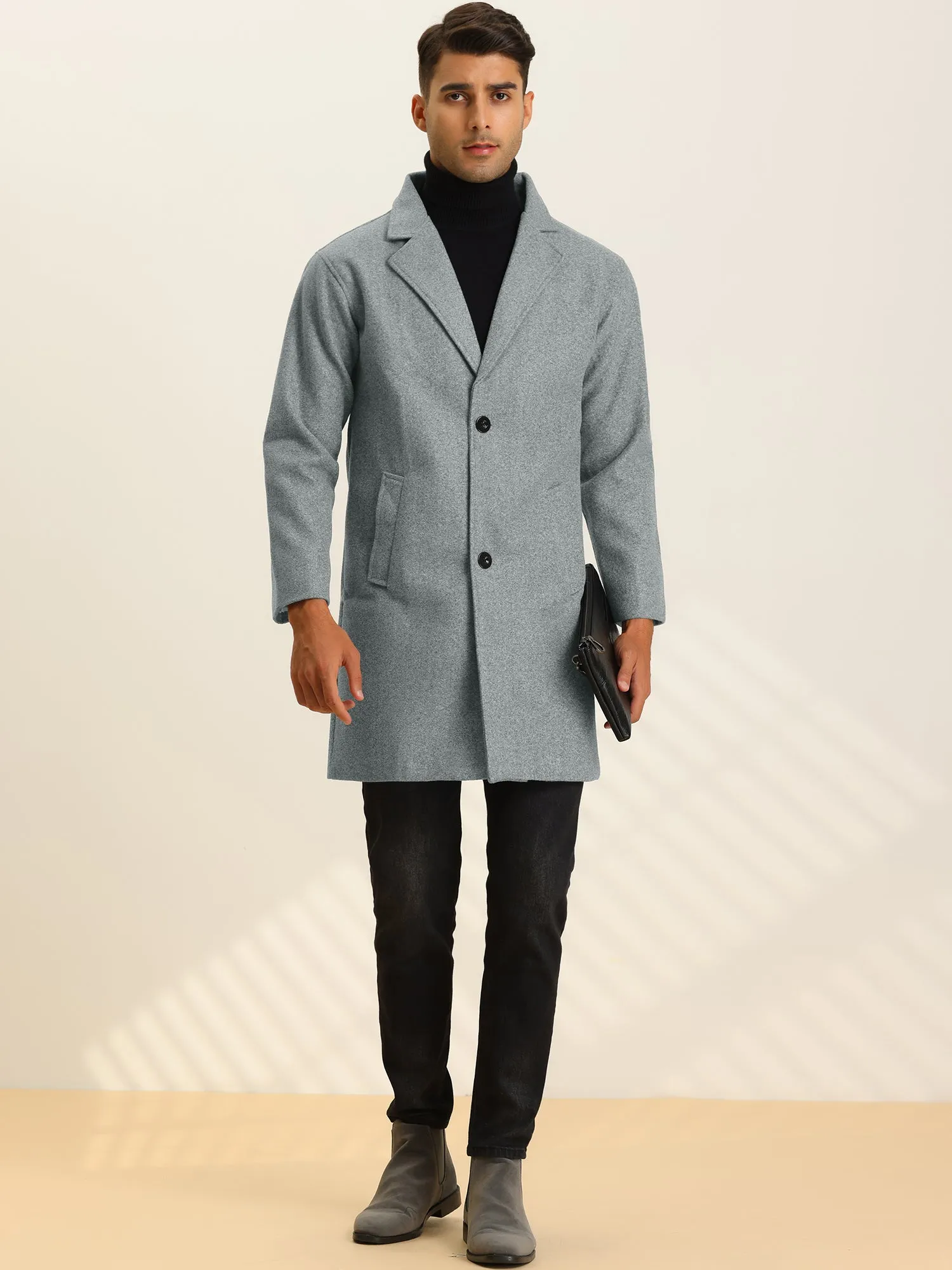 Men's Trench Two Buttons Notched Lapel Mid-Length Casual Solid Pea Coat