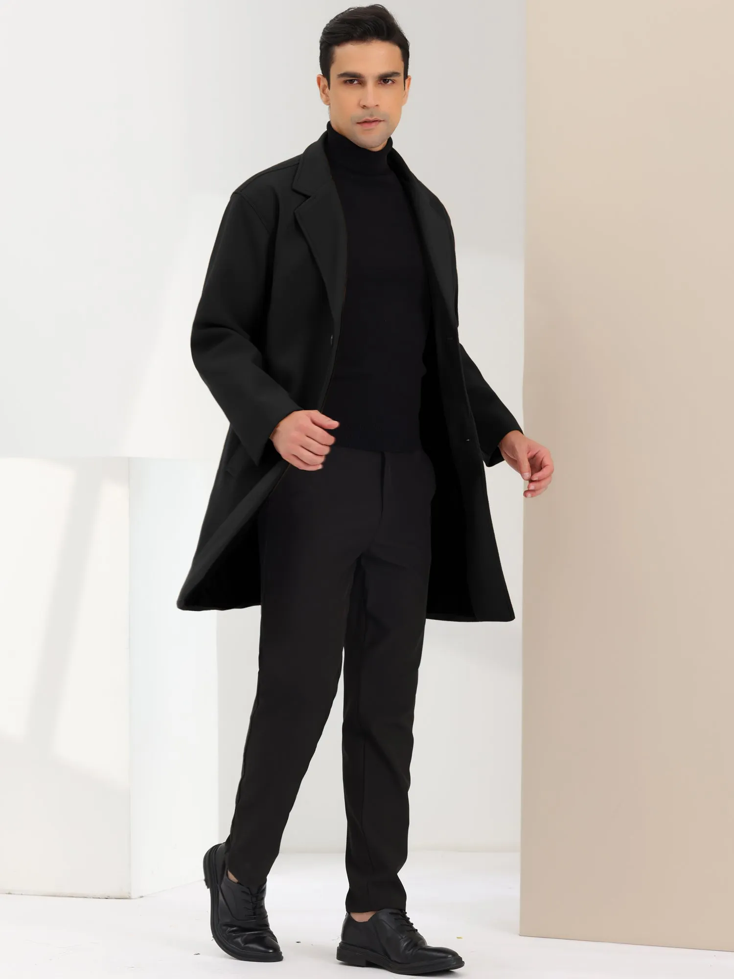 Men's Trench Two Buttons Notched Lapel Mid-Length Casual Solid Pea Coat