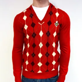 Men's Vintage Scarlet Red Diamond Cashmere V-Neck Jumper Small