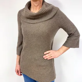 Mink Brown Cashmere Cowl Neck Tunic Jumper Medium