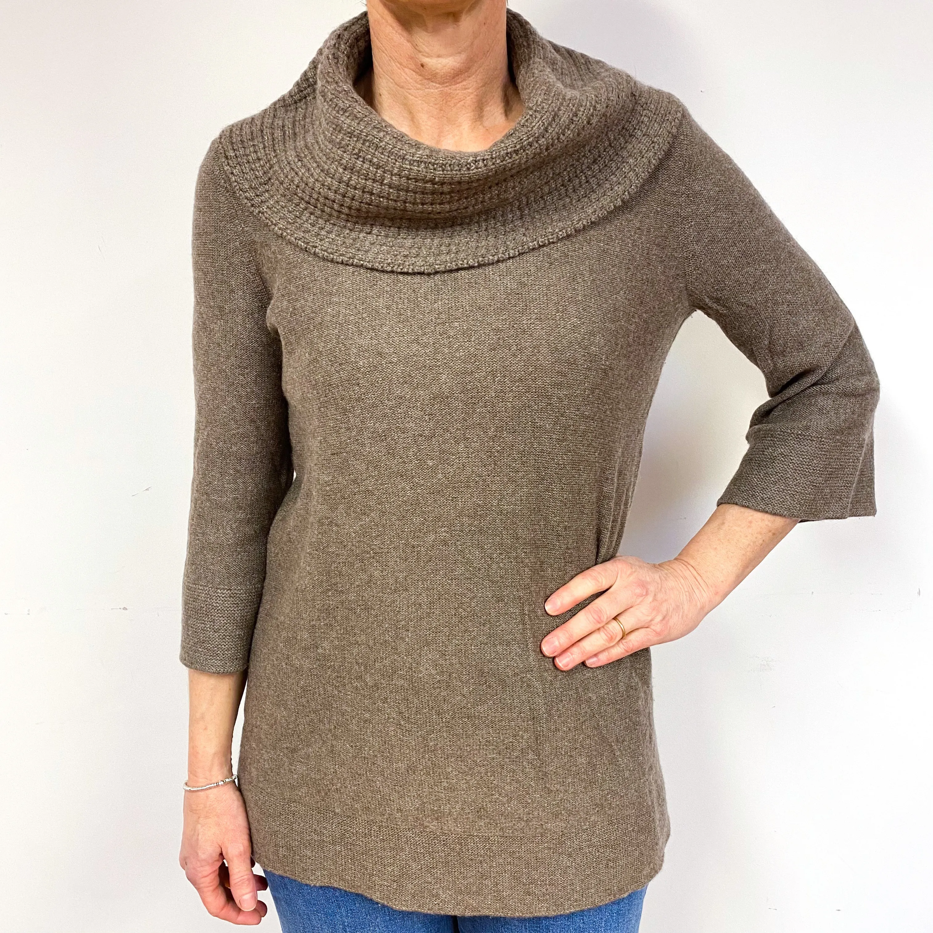Mink Brown Cashmere Cowl Neck Tunic Jumper Medium