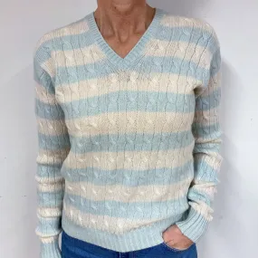 Mint Green and Cream Stripe Cashmere V-Neck Jumper Medium