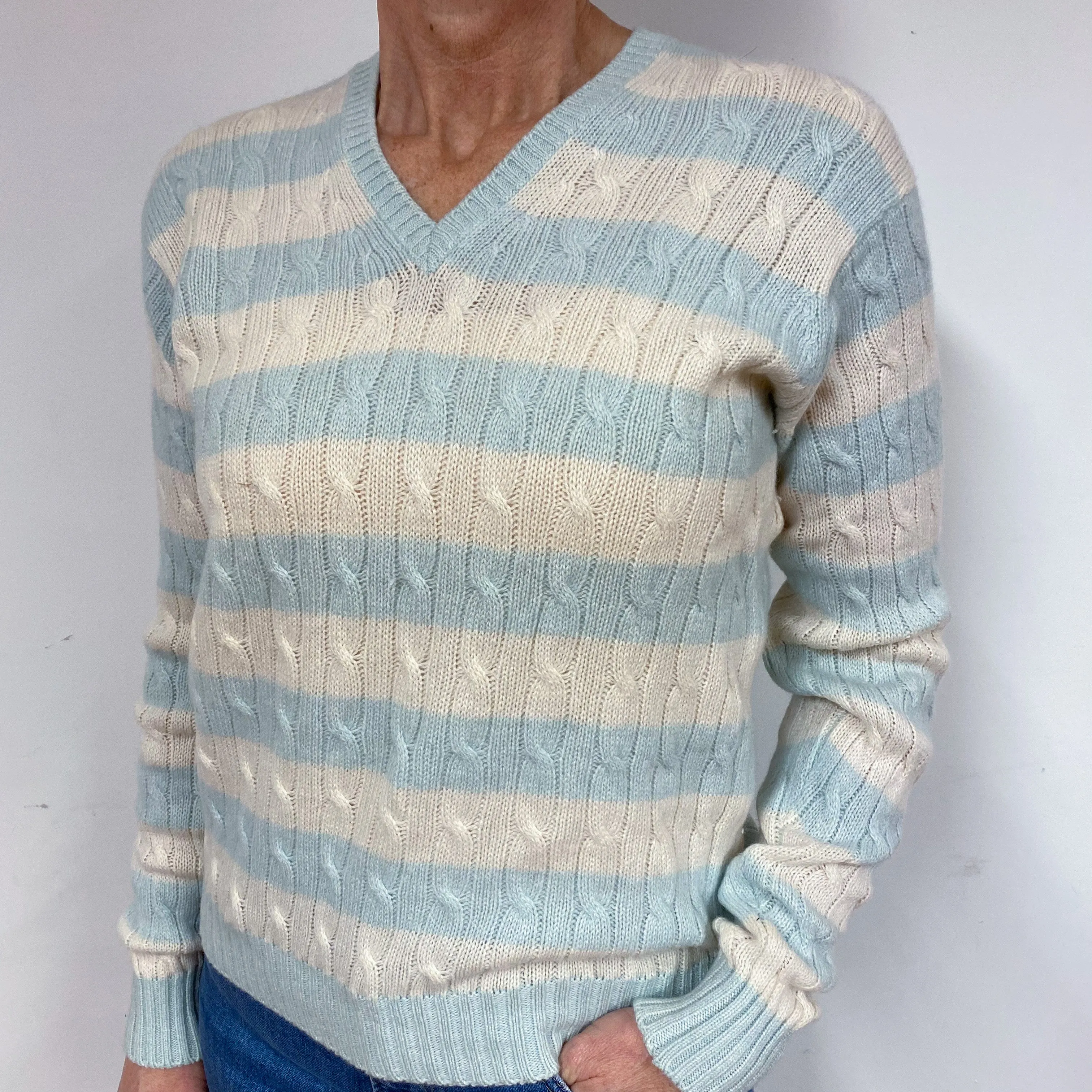 Mint Green and Cream Stripe Cashmere V-Neck Jumper Medium