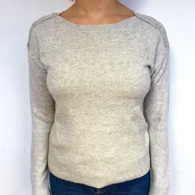 Mist Grey Cashmere Buttoned Crew Neck Jumper Small