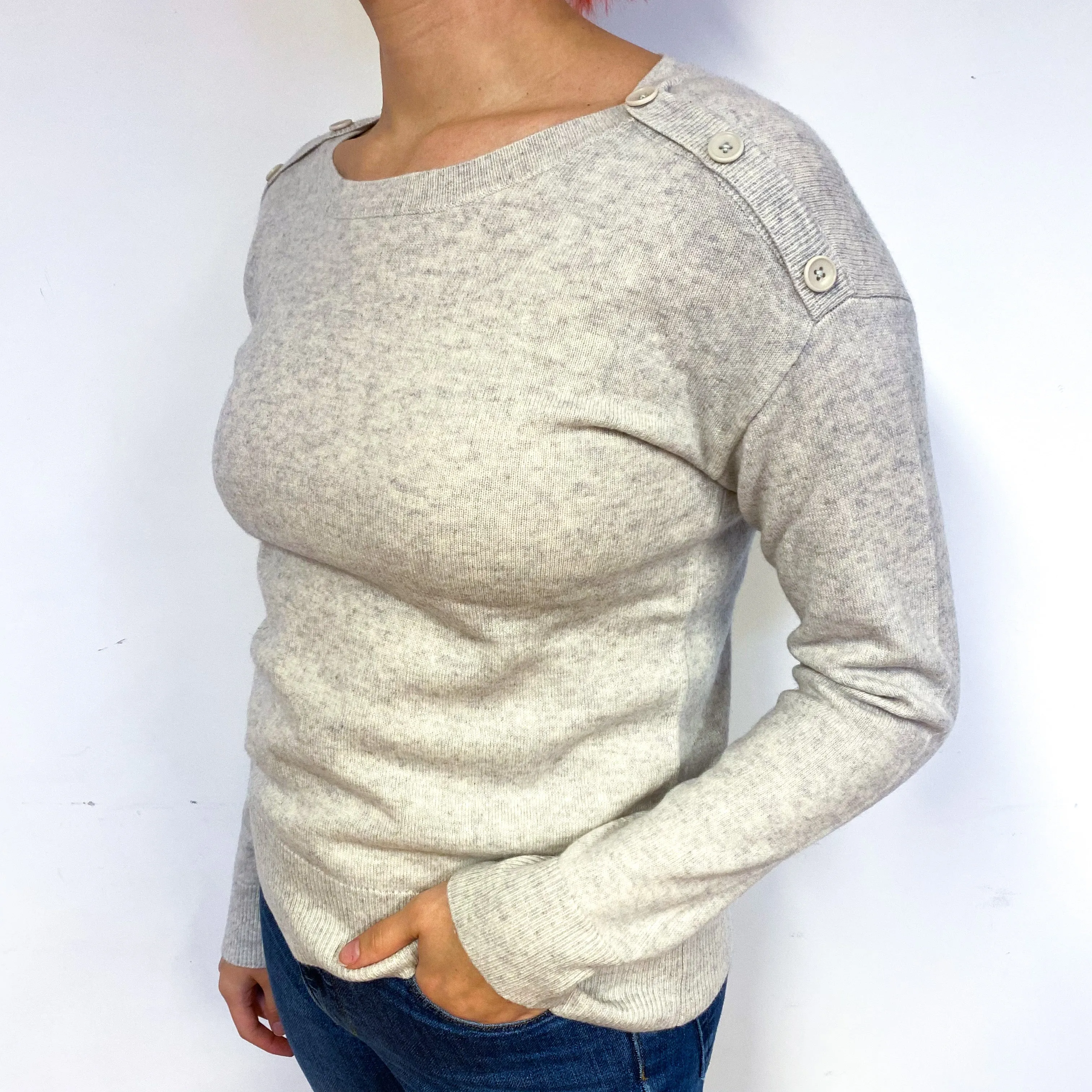 Mist Grey Cashmere Buttoned Crew Neck Jumper Small