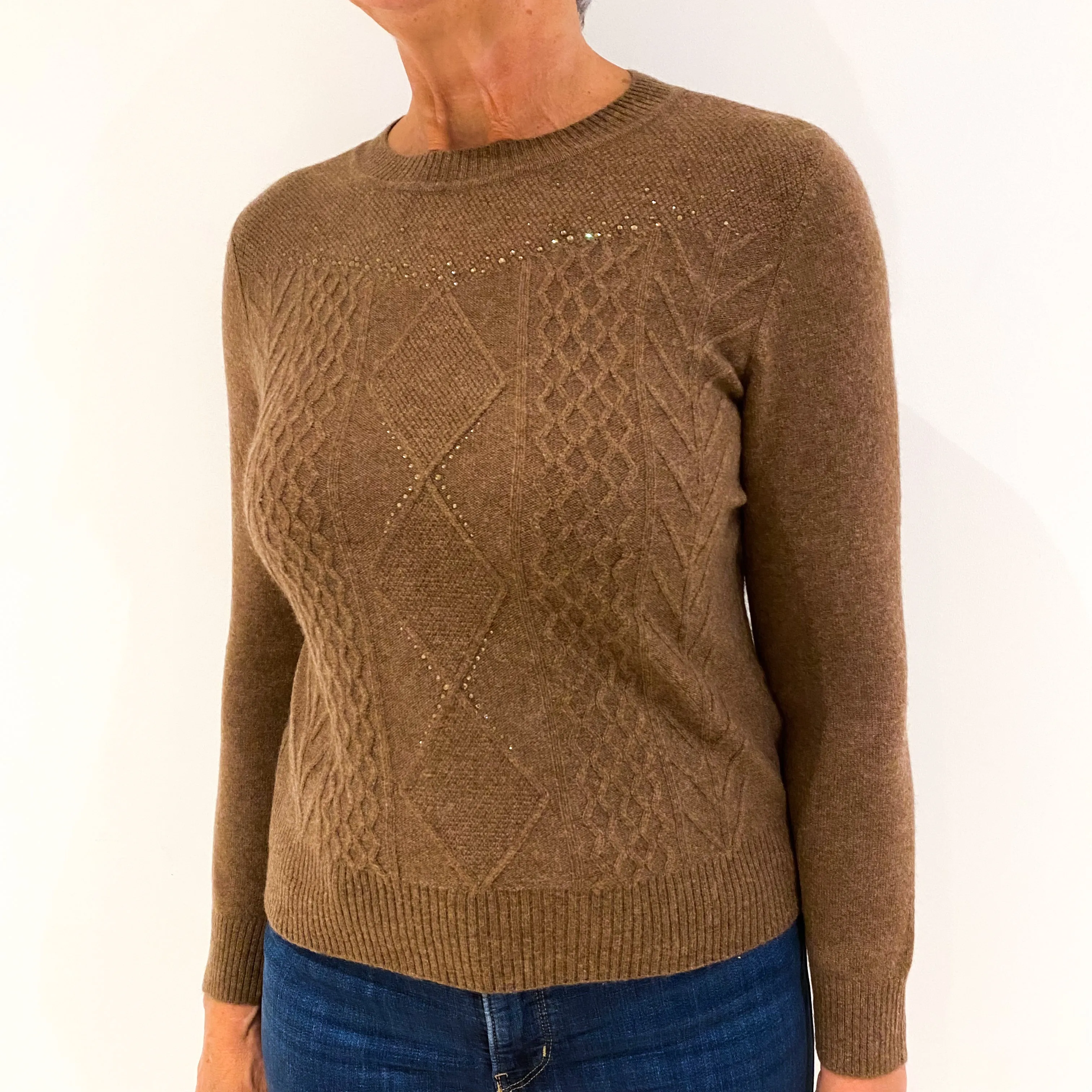 Mole Brown Cable Front Cashmere Crew Neck Jumper Medium