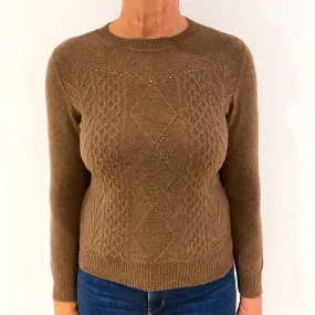 Mole Brown Cable Front Cashmere Crew Neck Jumper Medium