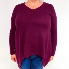 Mulberry Purple Scooped Hem Cashmere  V-Neck Jumper Extra Large