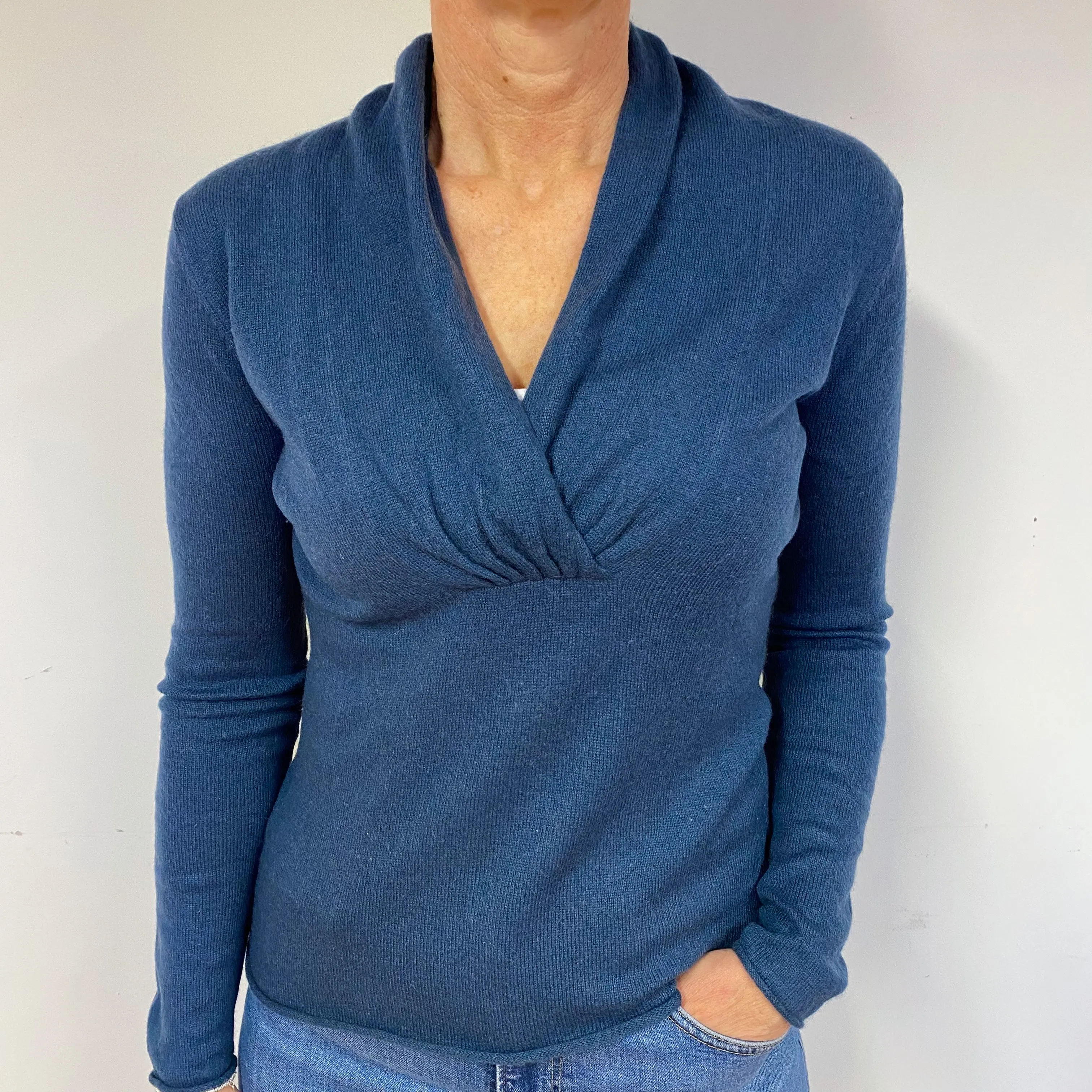 Naval Blue Shawl Collar Cashmere V-Neck Jumper Medium