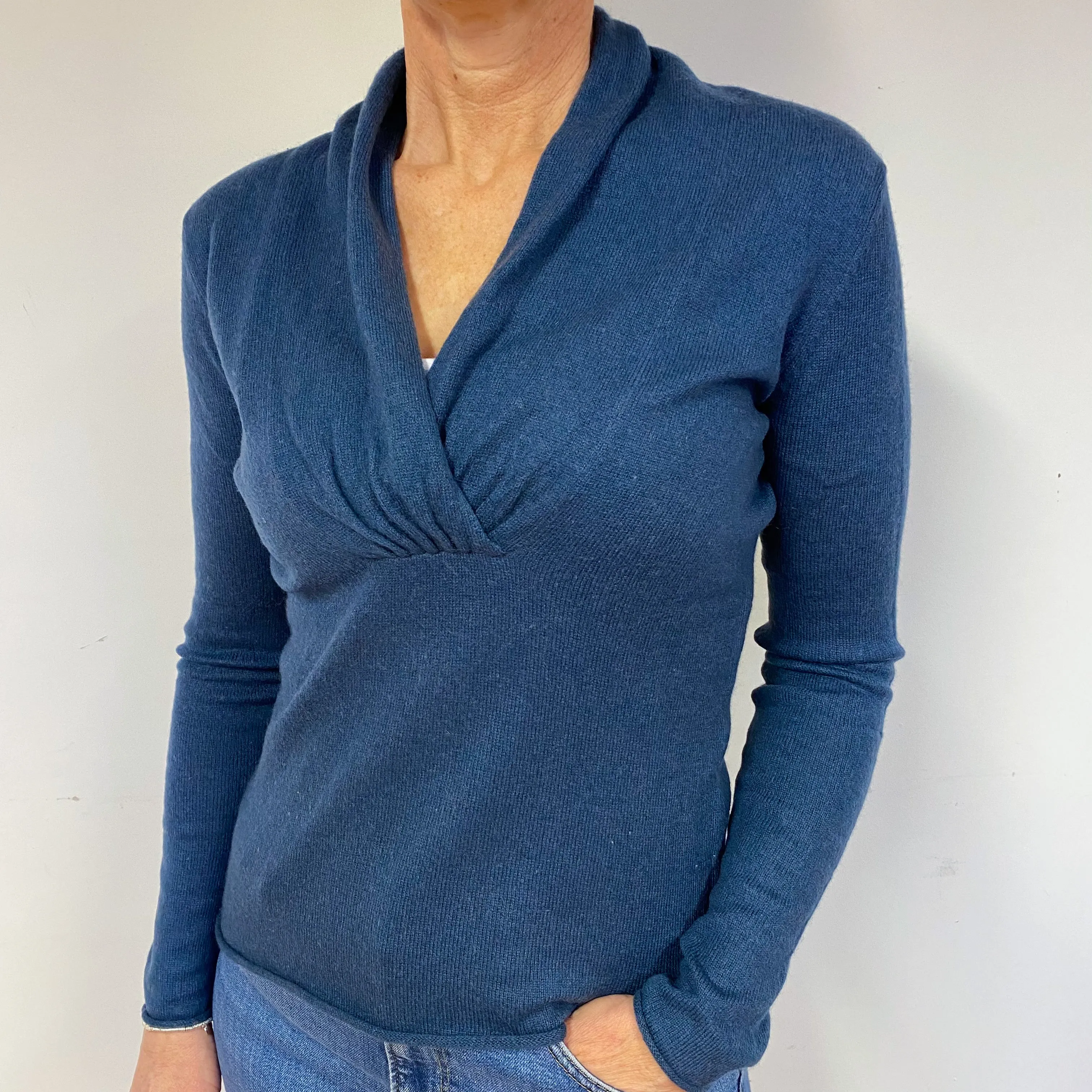 Naval Blue Shawl Collar Cashmere V-Neck Jumper Medium
