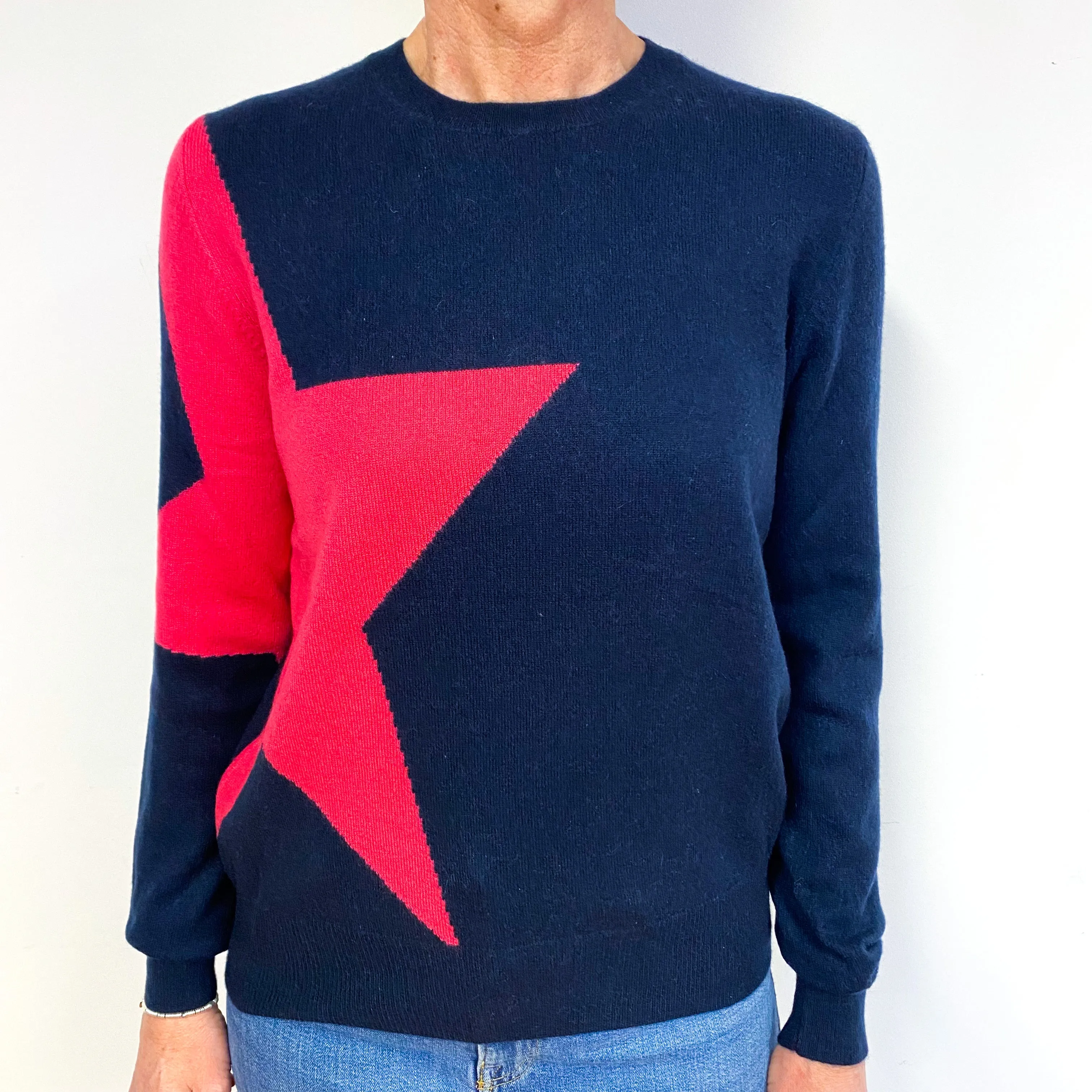 Navy And Pink Cashmere Crew Neck Jumper Medium