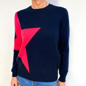 Navy And Pink Cashmere Crew Neck Jumper Medium