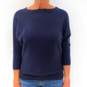 Navy Blue 3/4 Sleeve Batwing Cashmere Crew Neck Jumper Medium