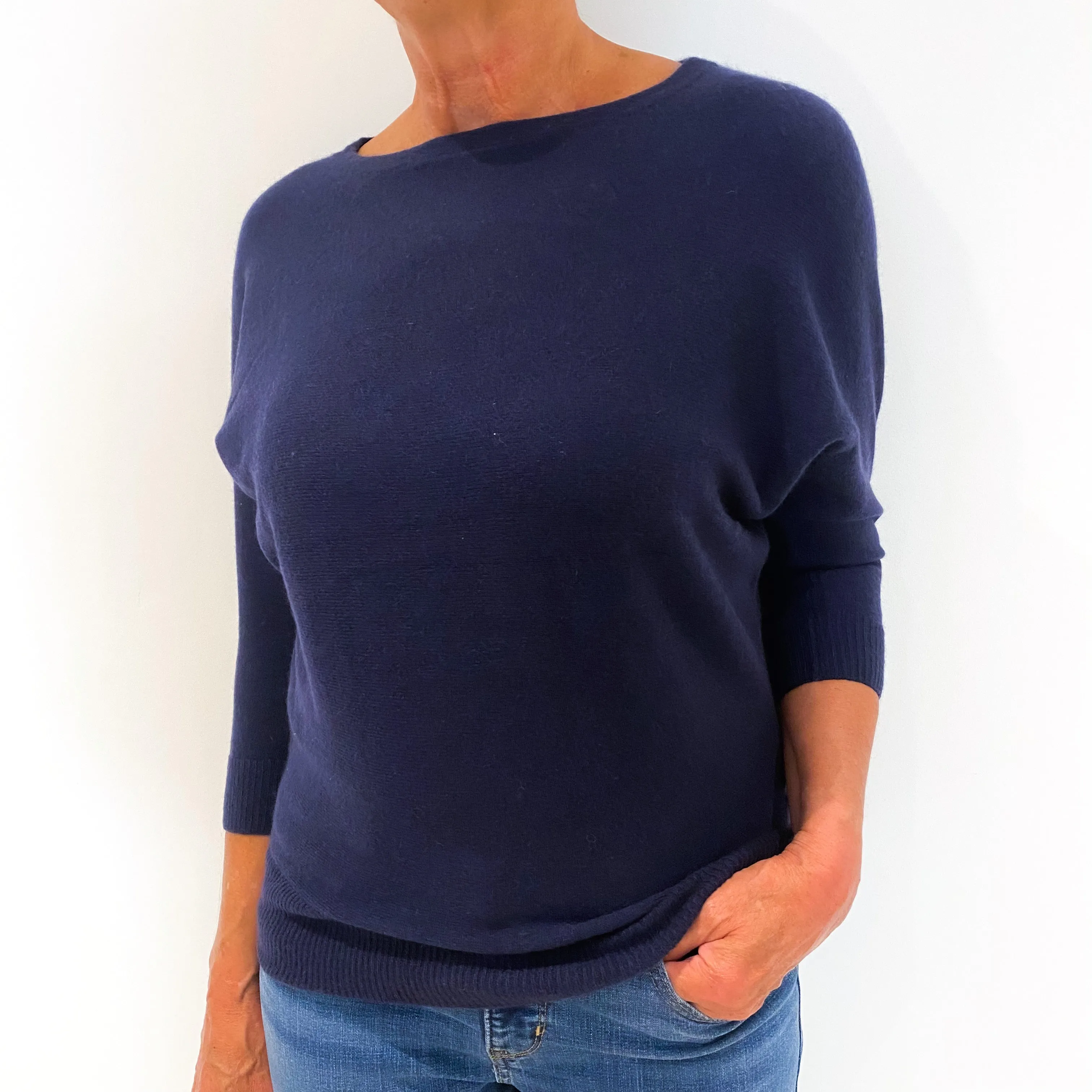 Navy Blue 3/4 Sleeve Batwing Cashmere Crew Neck Jumper Medium