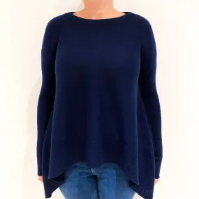 Navy Blue Poncho Style Hem Cashmere Crew Neck Jumper Large