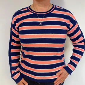 Navy Orange Stripe Cashmere Crew Neck Jumper Large