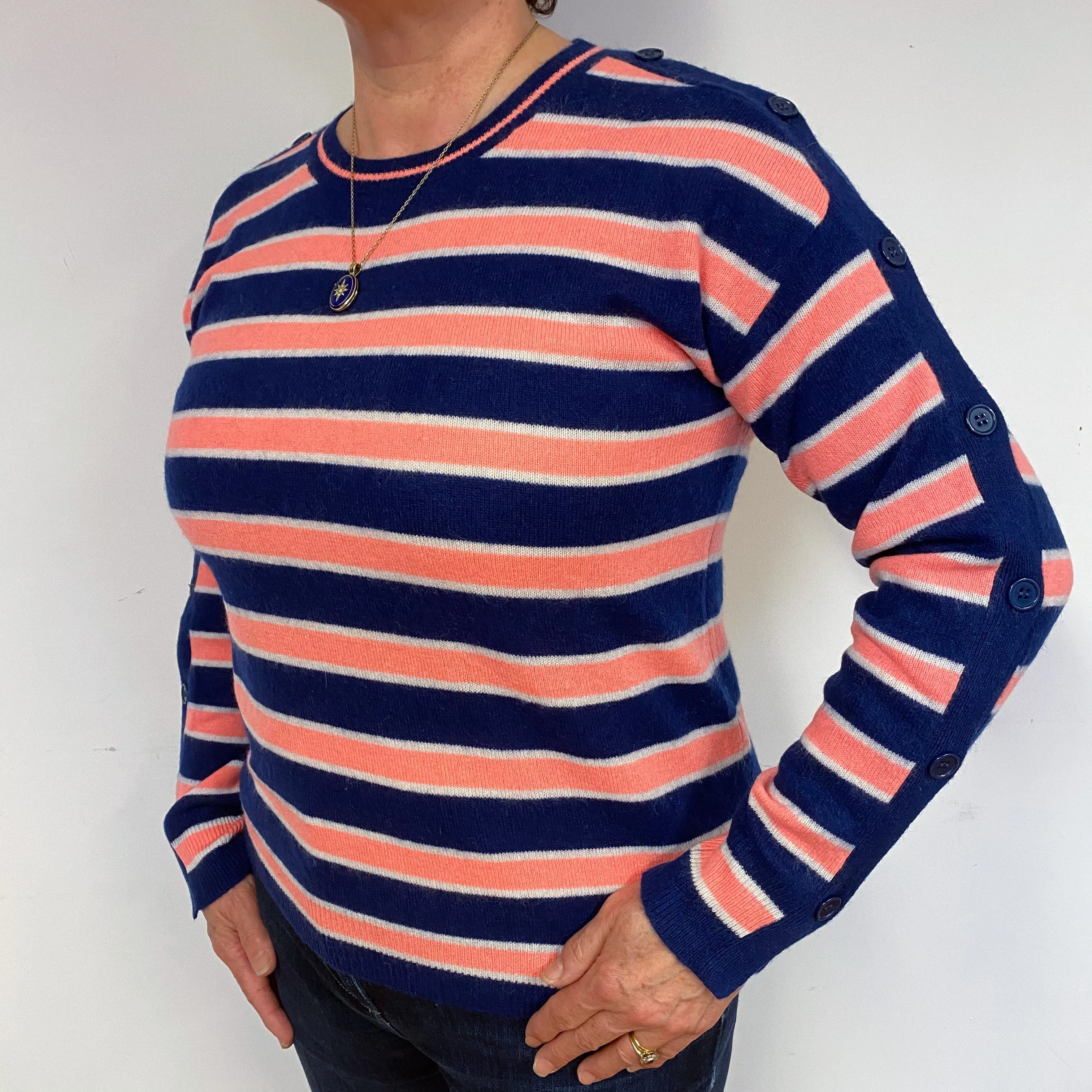 Navy Orange Stripe Cashmere Crew Neck Jumper Large