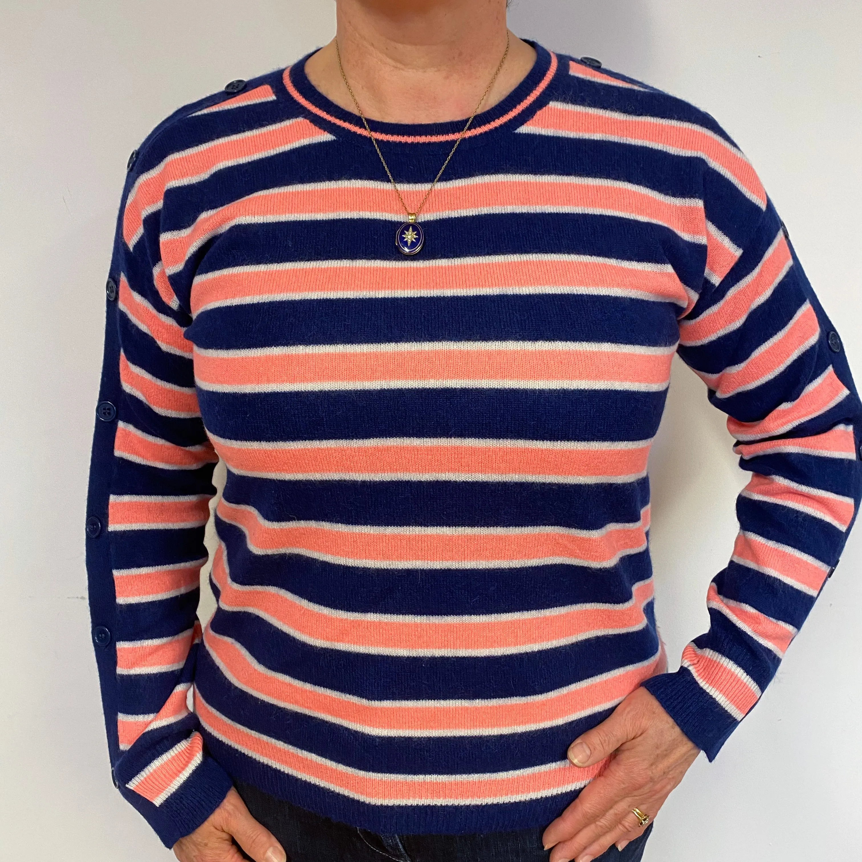 Navy Orange Stripe Cashmere Crew Neck Jumper Large