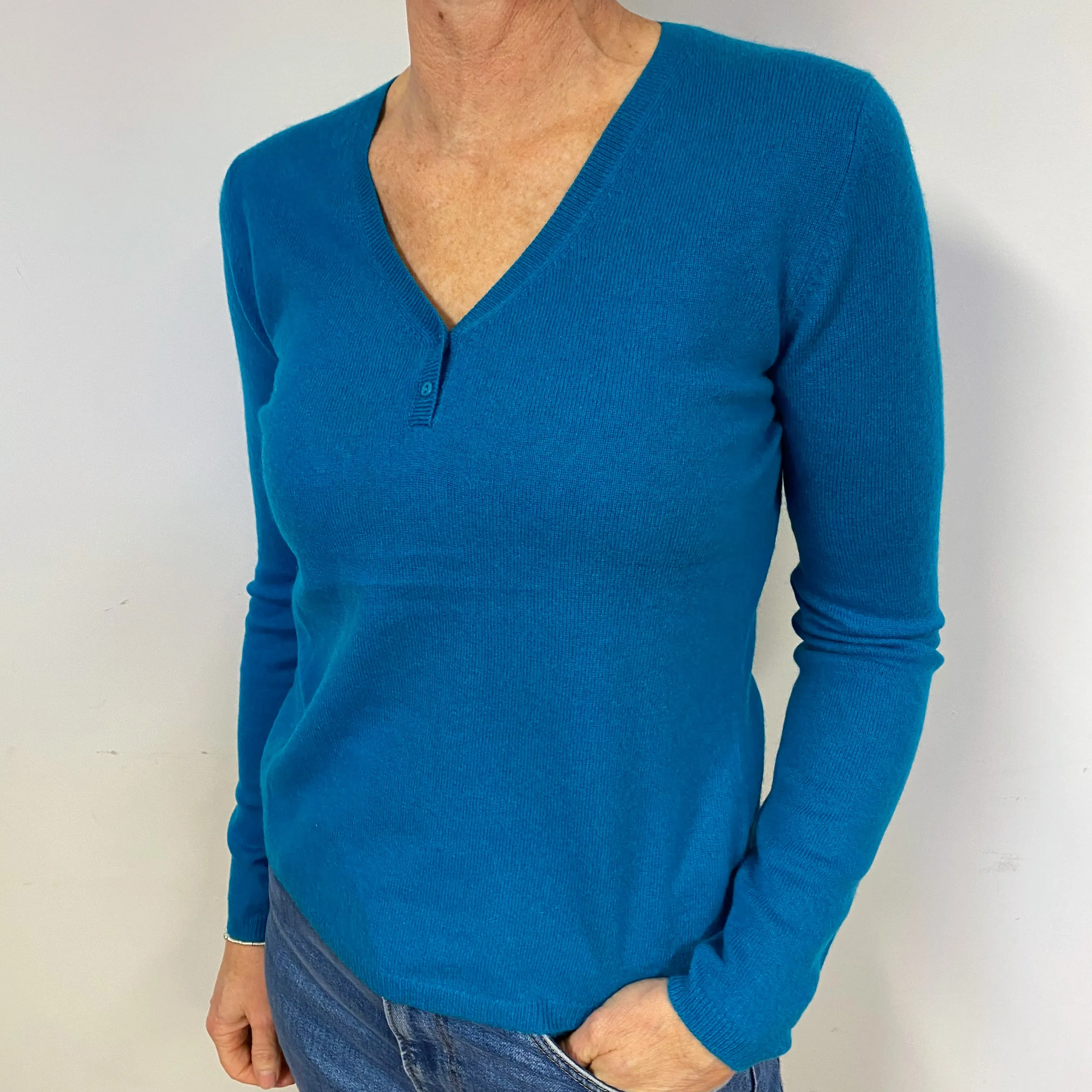 Ocean Blue Cashmere V-Neck Jumper Medium