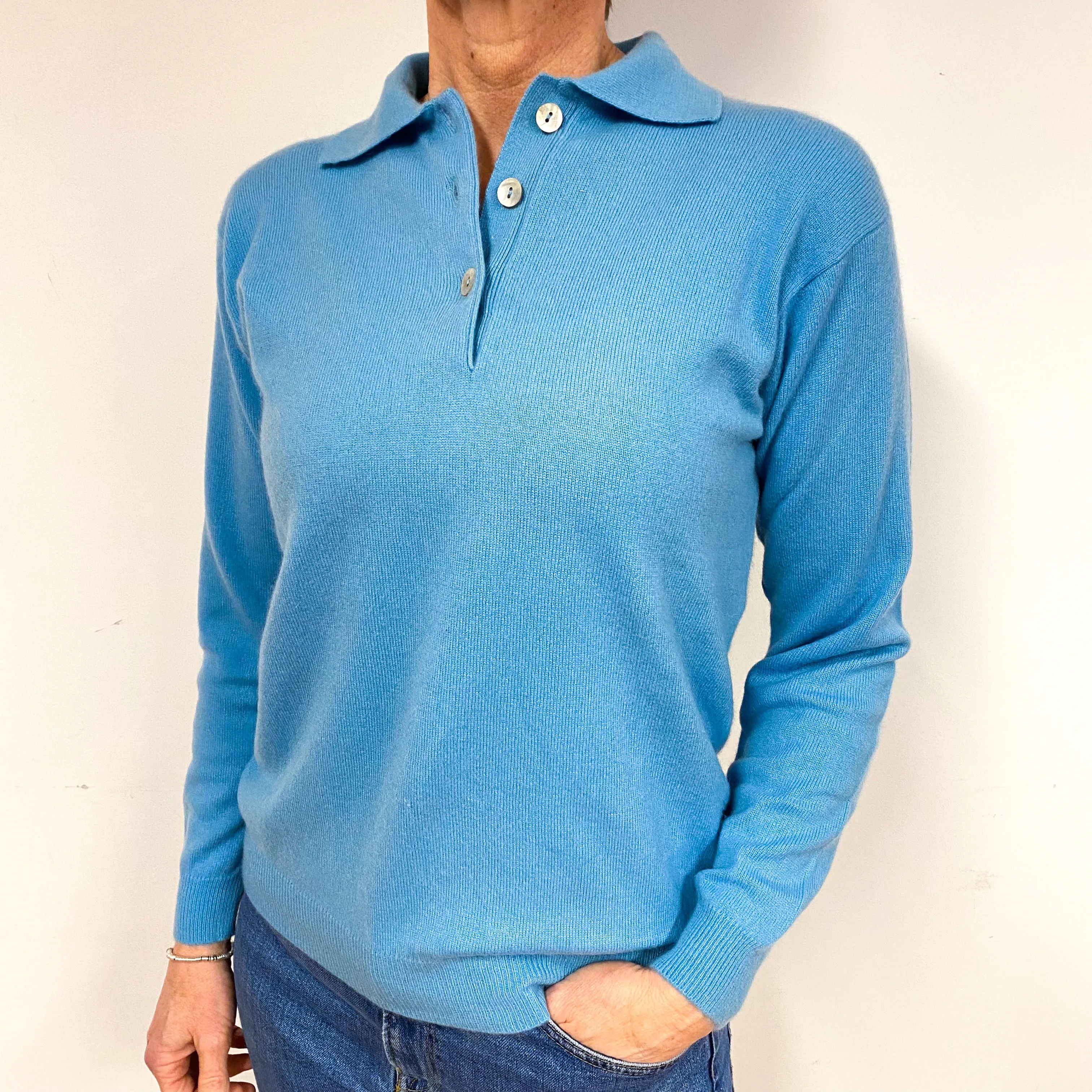 Ocean Blue Collared Cashmere 1/4 Button Jumper Medium