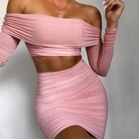 Off Shulder Two Piece Set Women Pleat Ruched Bodycon Crop Top Mini