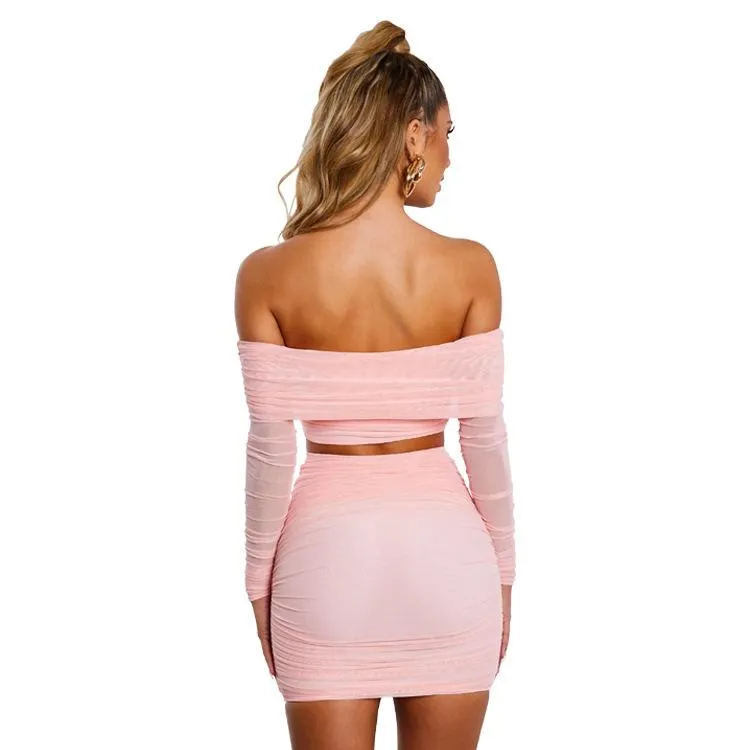 Off Shulder Two Piece Set Women Pleat Ruched Bodycon Crop Top Mini