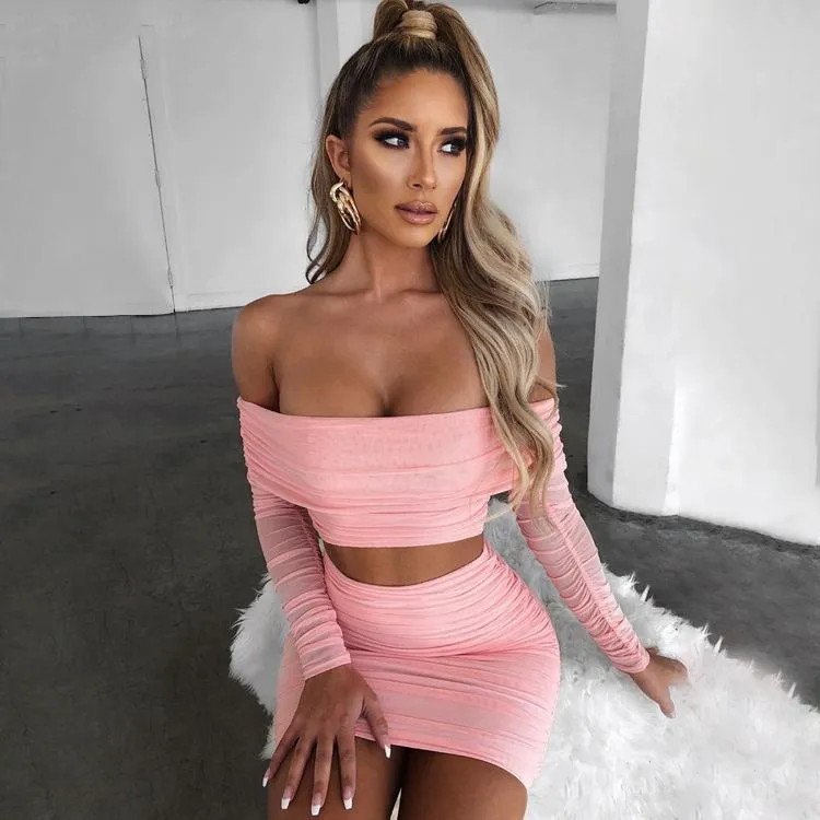 Off Shulder Two Piece Set Women Pleat Ruched Bodycon Crop Top Mini