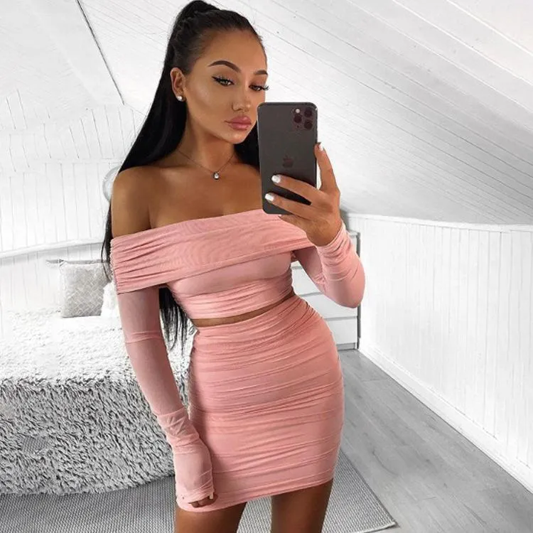 Off Shulder Two Piece Set Women Pleat Ruched Bodycon Crop Top Mini