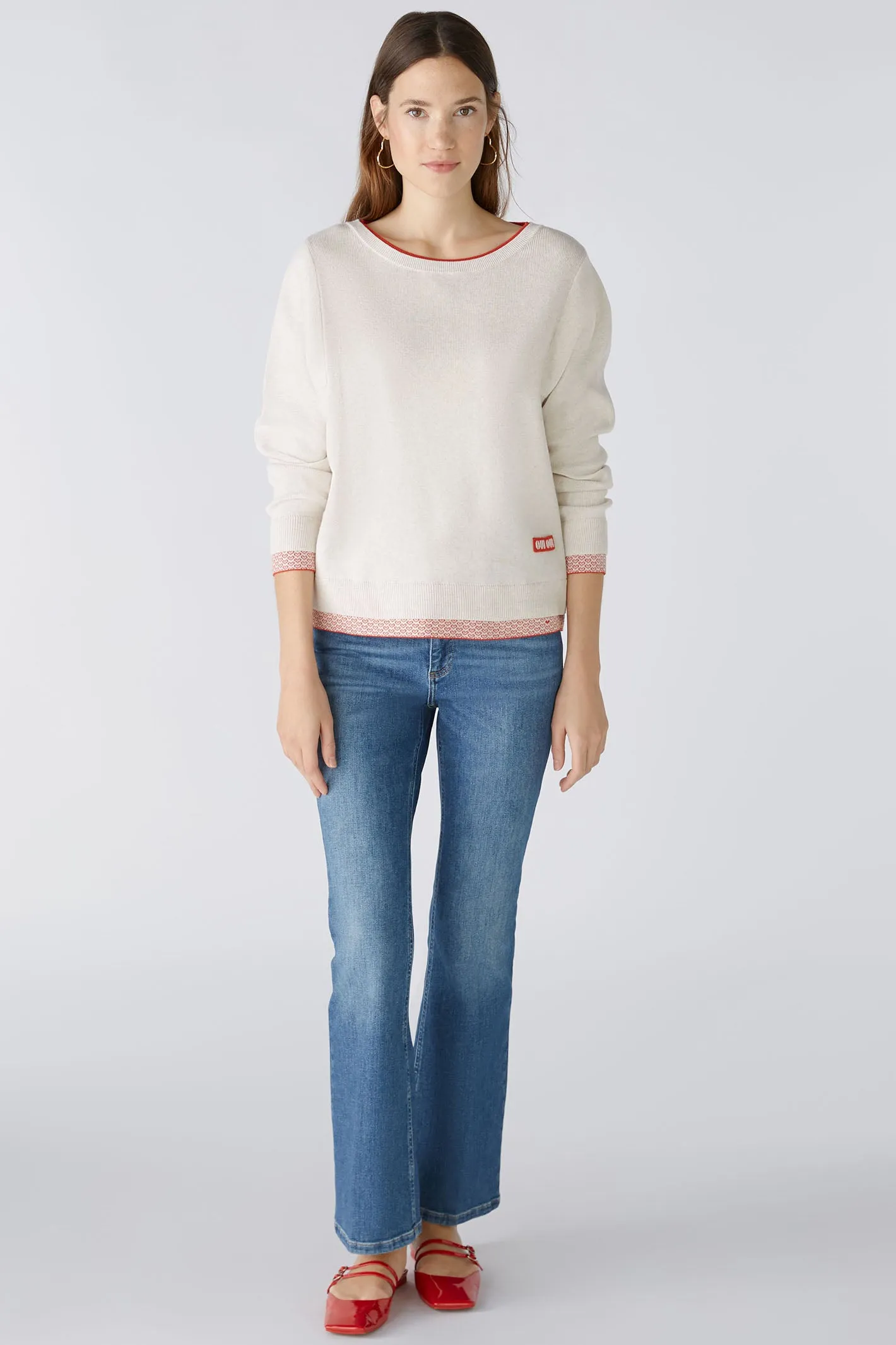 Oui 86667 Oatmeal Red Wide Neck Heart Hem Jumper