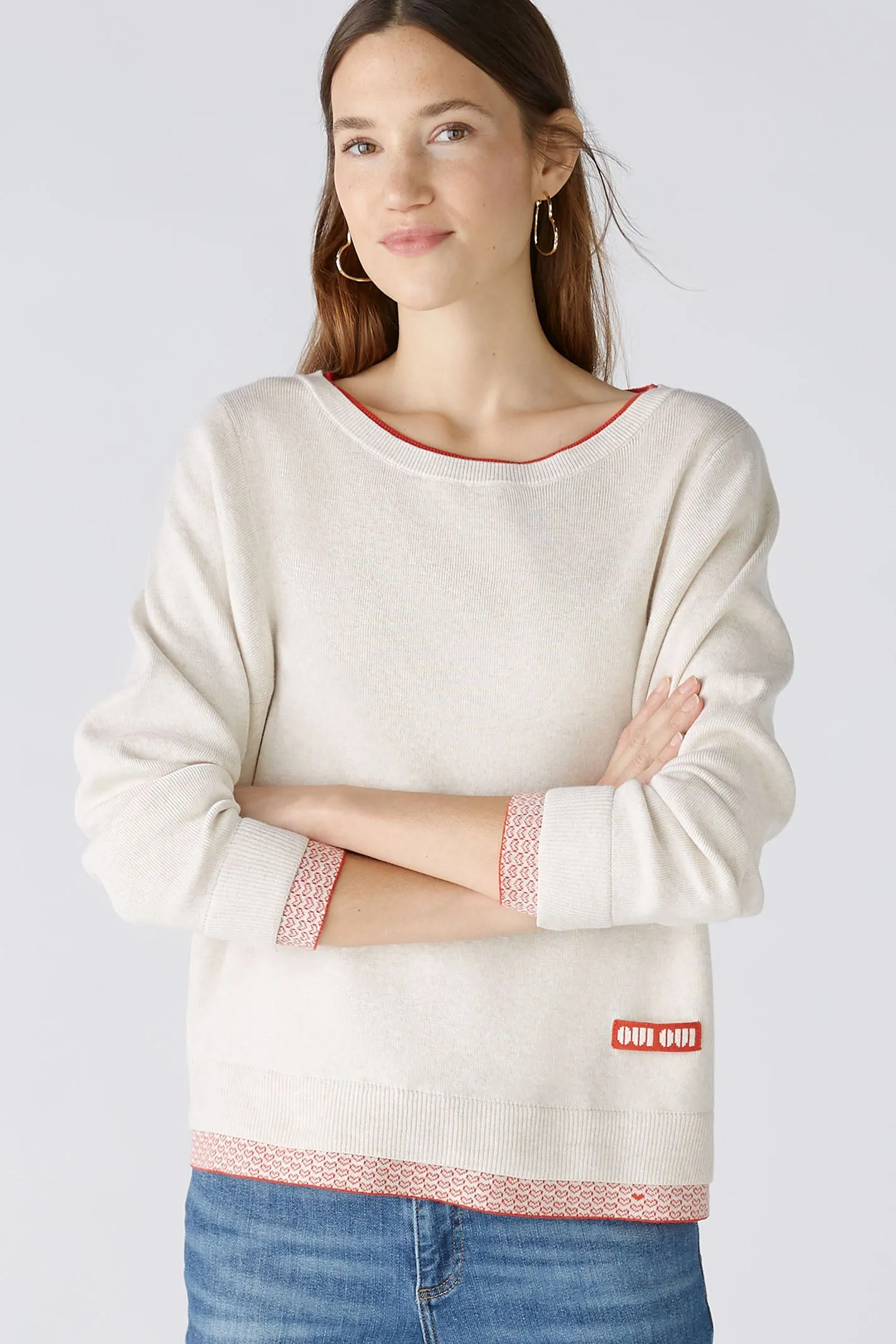 Oui 86667 Oatmeal Red Wide Neck Heart Hem Jumper