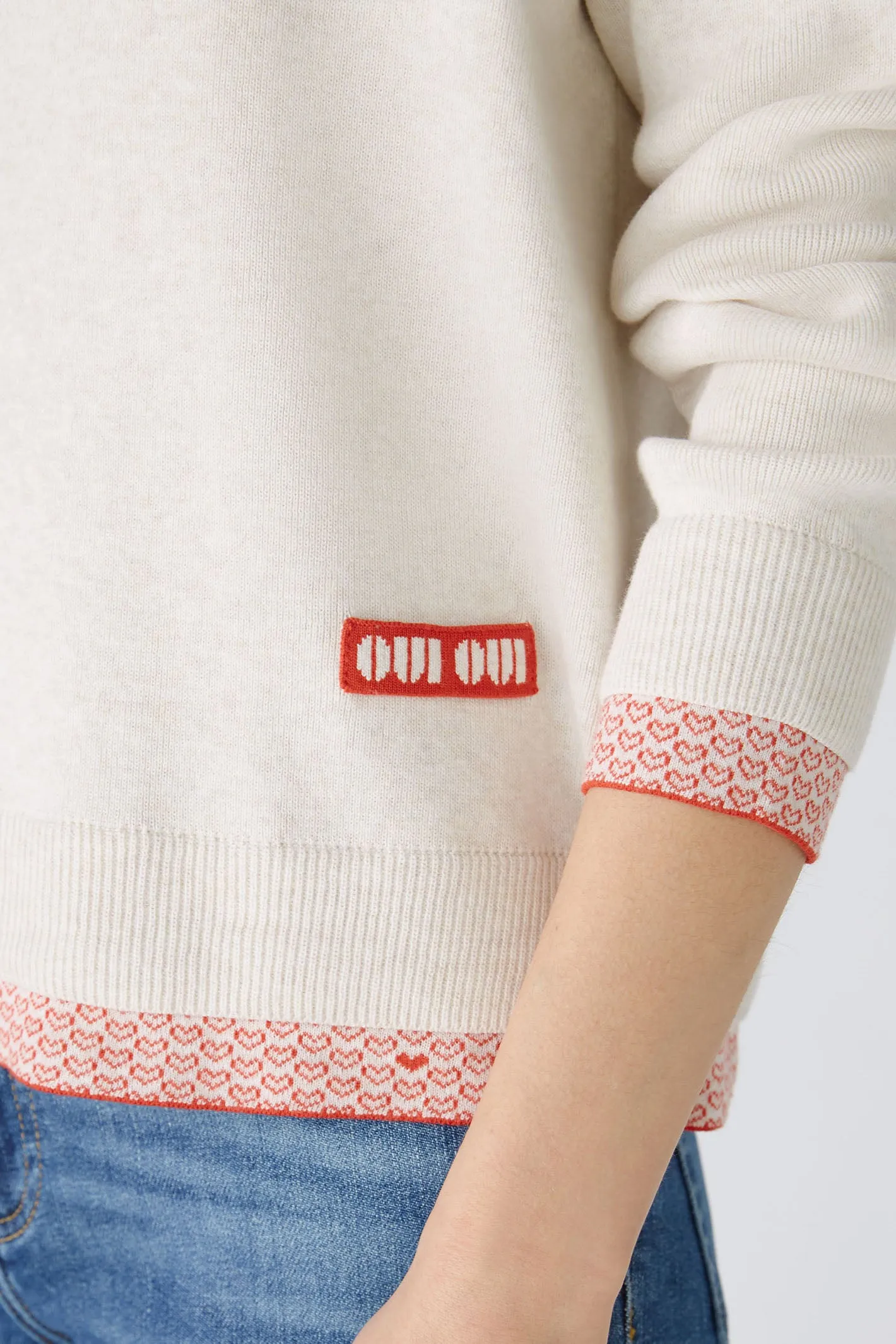 Oui 86667 Oatmeal Red Wide Neck Heart Hem Jumper