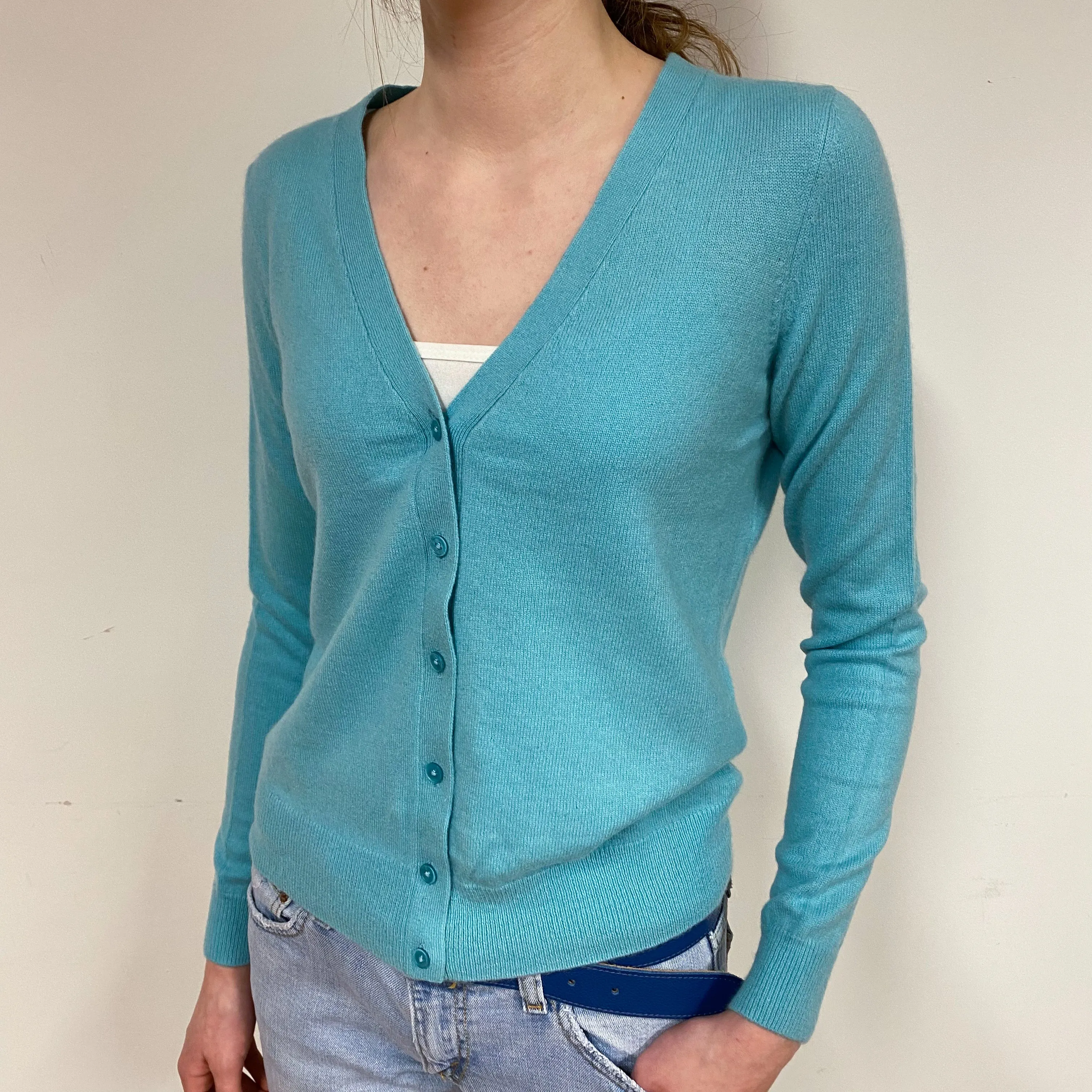 Pale Aqua Blue Cashmere V-Neck Cardigan Extra Small