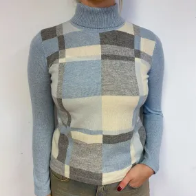 Pale Blue Checked Cashmere Polo Neck Jumper Small