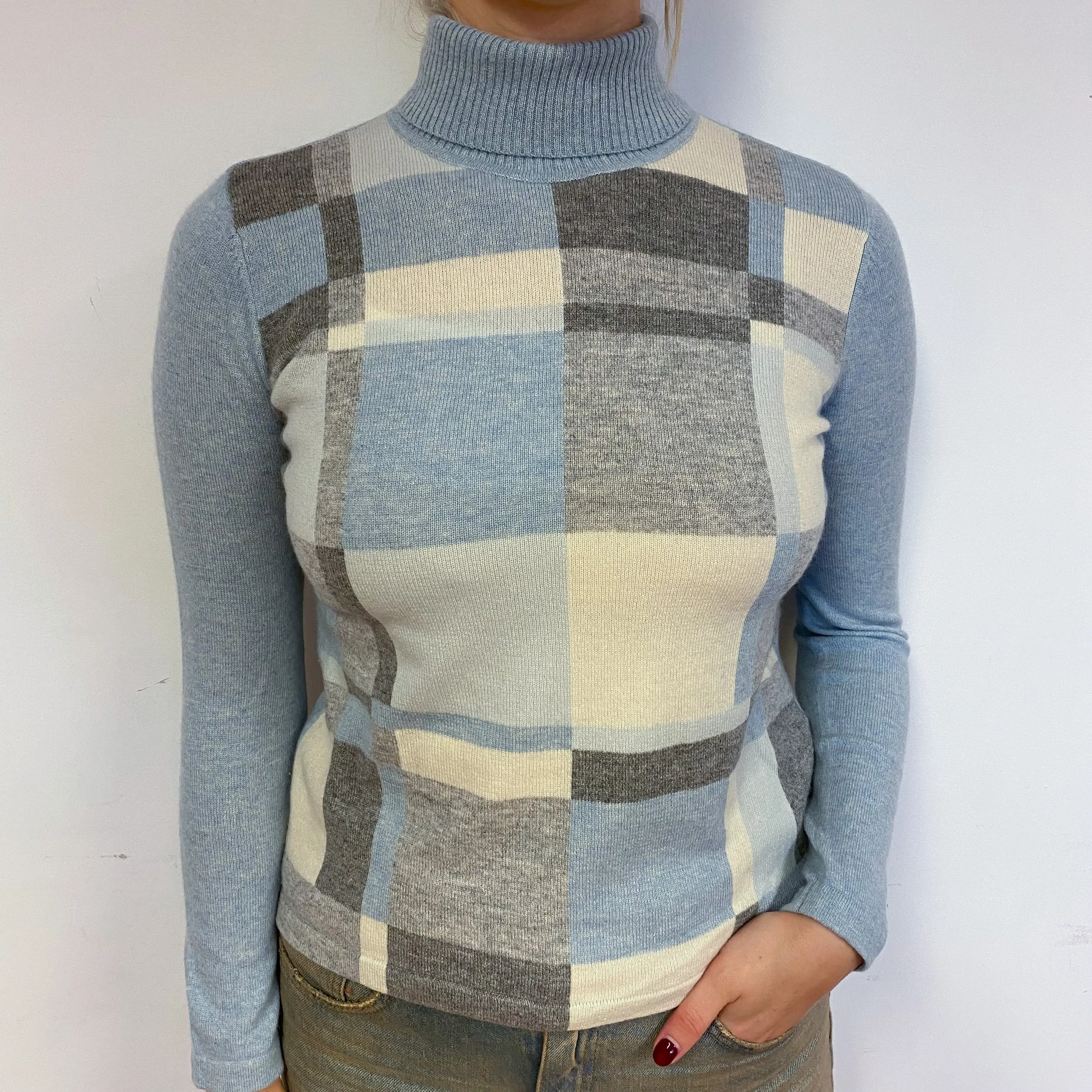 Pale Blue Checked Cashmere Polo Neck Jumper Small