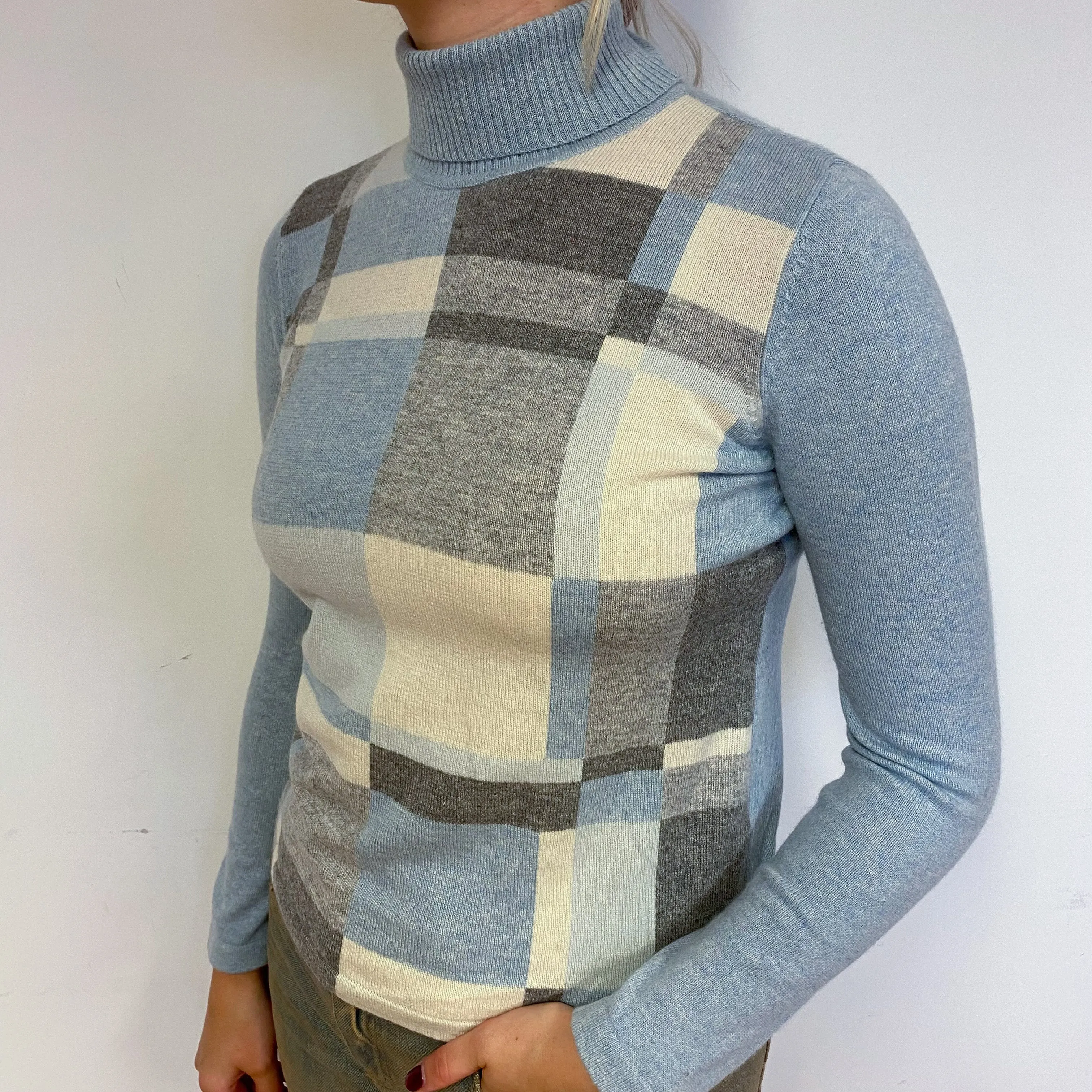 Pale Blue Checked Cashmere Polo Neck Jumper Small