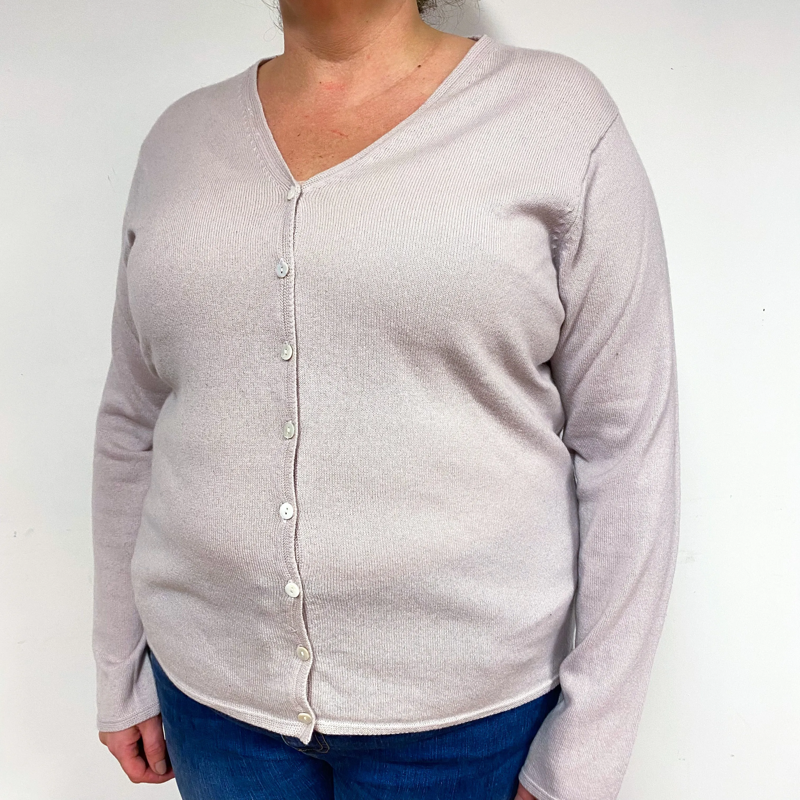 Palest Dusky Pink Cashmere V-Neck Cardigan Extra Large